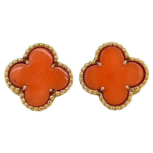 Vintage Van Cleef & Arpels Alhambra FRENCH VCA Red Coral Gold Clip Earrings