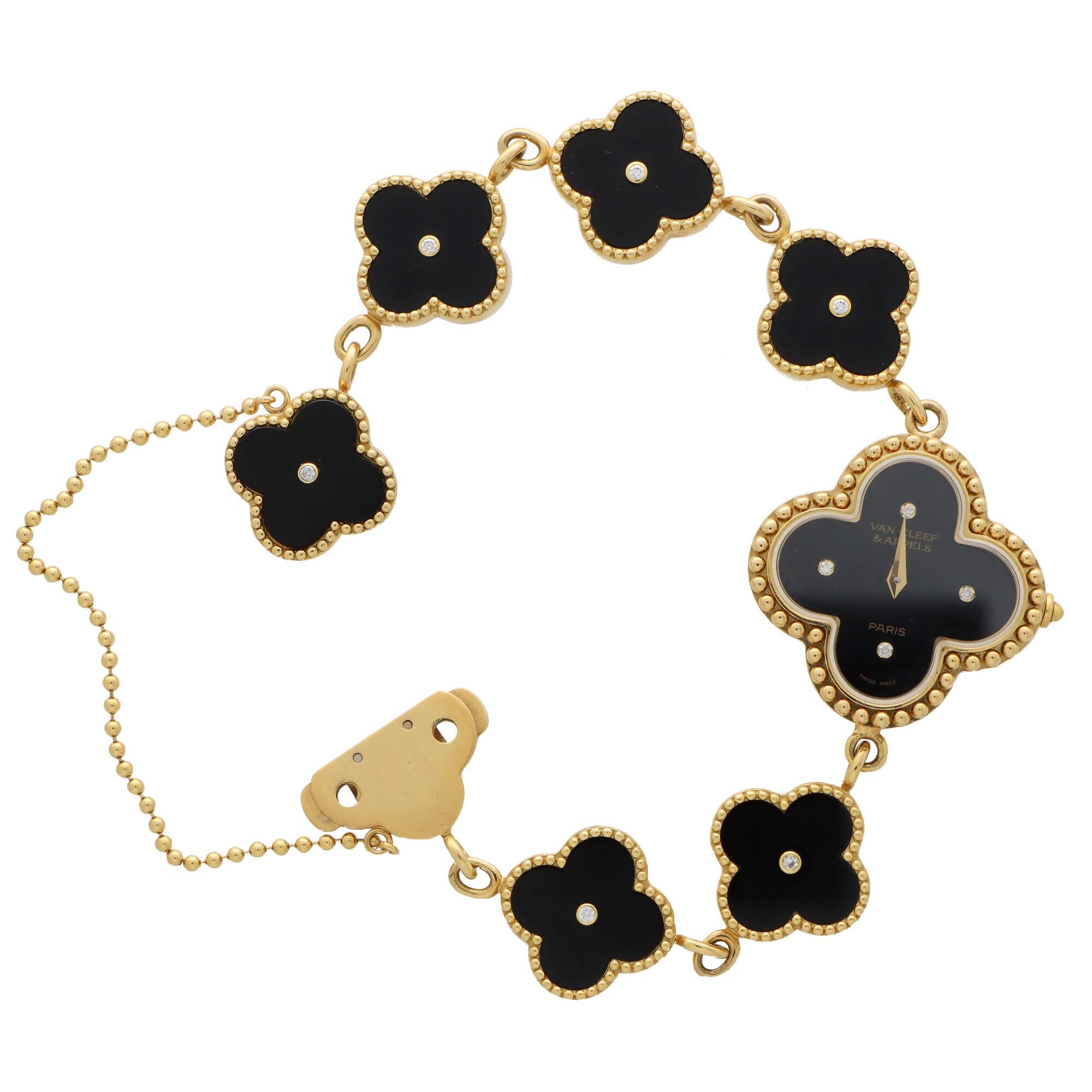 A beautiful vintage Van Cleef & Arpels ‘Alhambra’ onyx and diamond wristwatch bracelet set in 18k yellow gold.

The watch is composed of seven iconic Alhambra clover motifs one of which being slightly larger in size and acts as the face of the