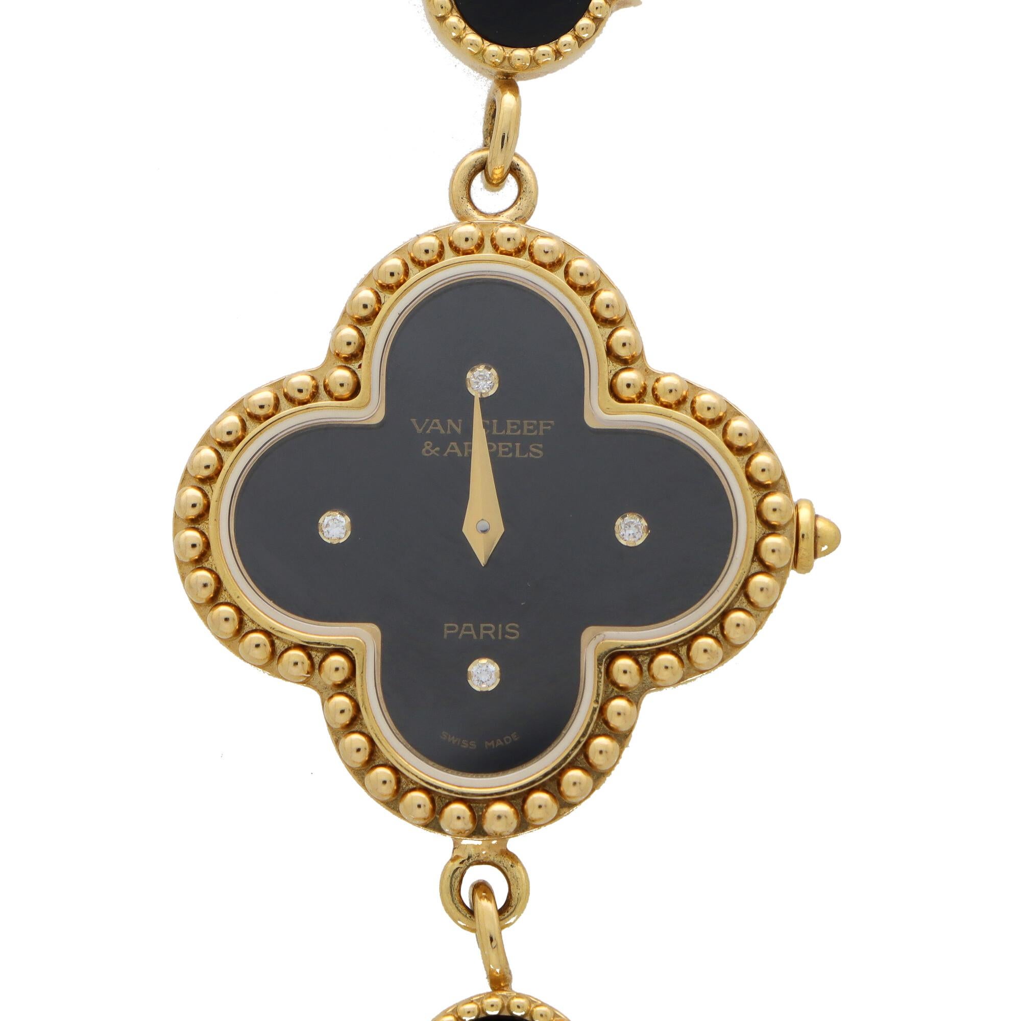 Modern Vintage Van Cleef & Arpels Alhambra Onyx and Diamond Wristwatch Bracelet in Gold