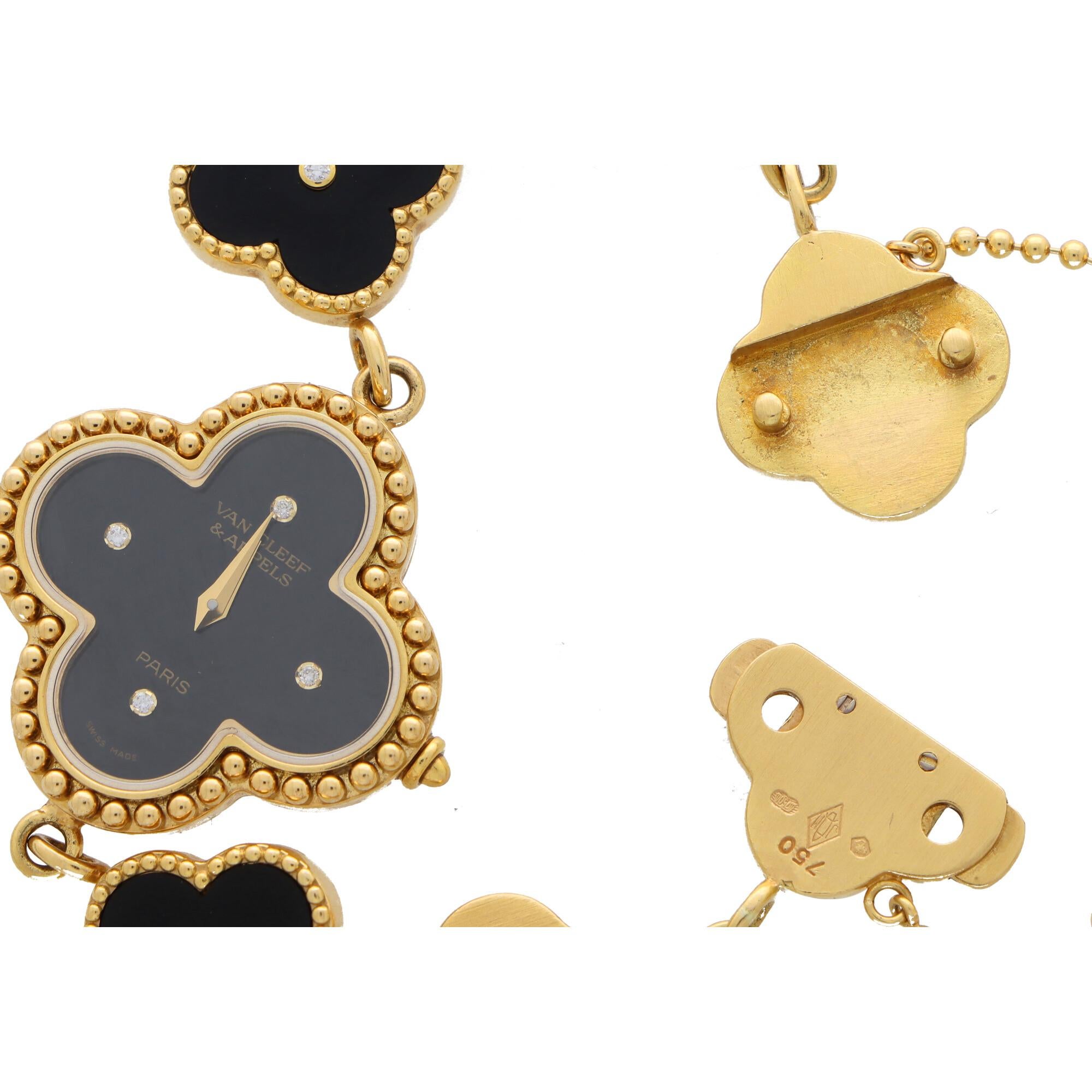 Round Cut Vintage Van Cleef & Arpels Alhambra Onyx and Diamond Wristwatch Bracelet in Gold