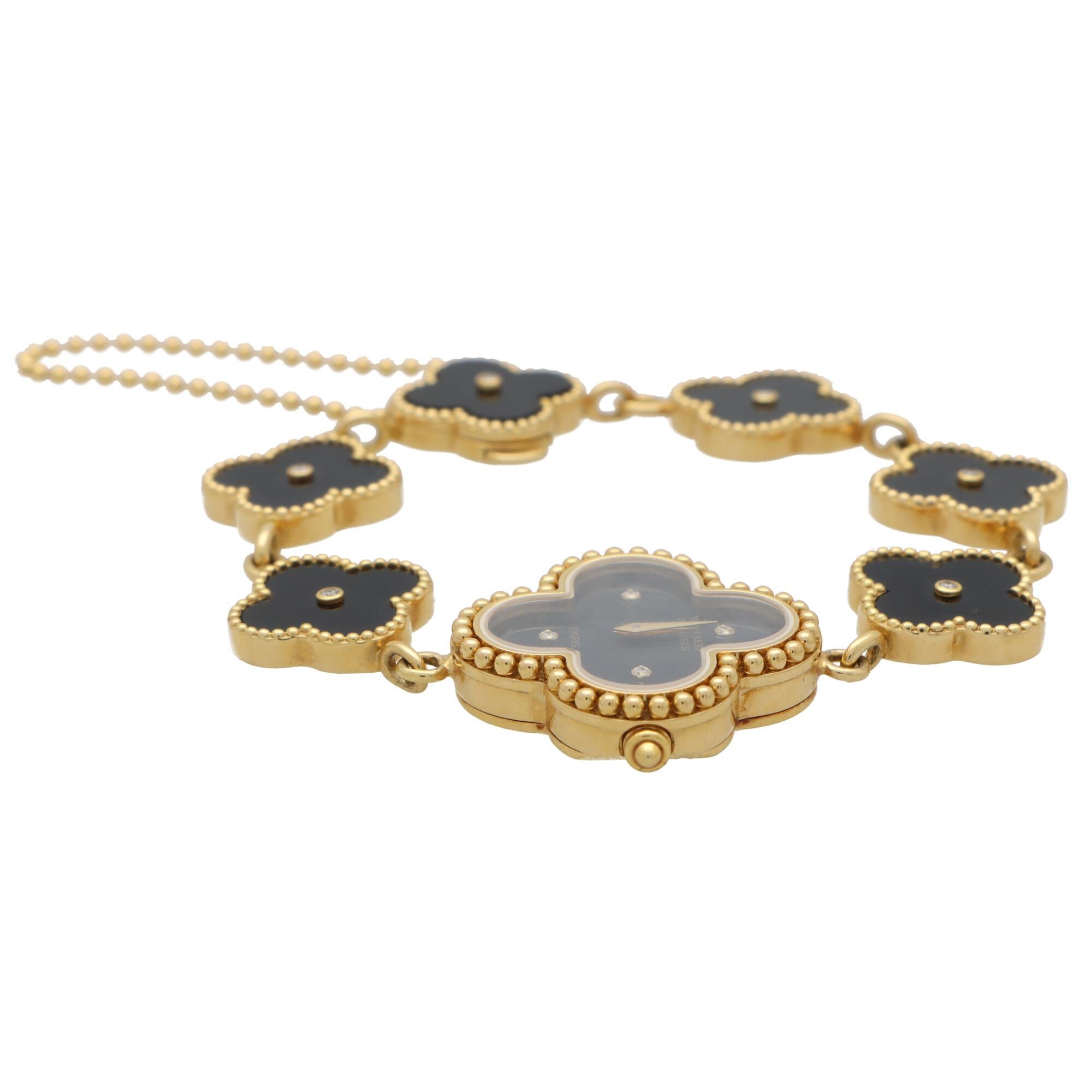 Vintage Van Cleef & Arpels Alhambra Onyx and Diamond Wristwatch Bracelet in Gold In Good Condition In London, GB