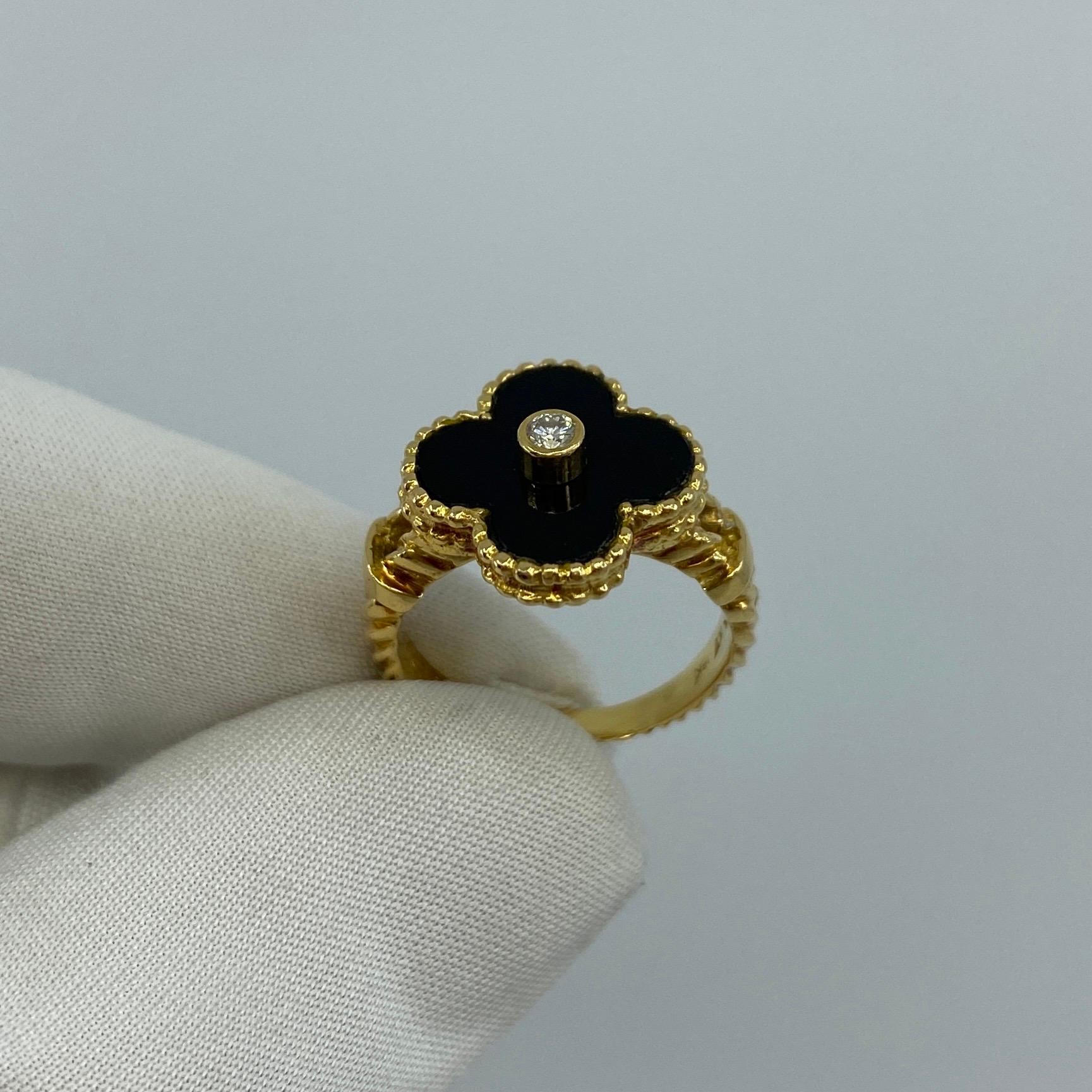 Vintage Van Cleef & Arpels Alhambra Onyx & Diamond 18 Karat Yellow Gold Ring.

A stunning vintage ring with the classic Alhambra design by fine French jewellery house Van Cleef & Arpels. Set with a 0.05ct VVS diamond E/F colour on top of an onyx