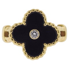 Vintage Van Cleef & Arpels Alhambra Onyx & Diamond Flower 18k Yellow Gold Ring