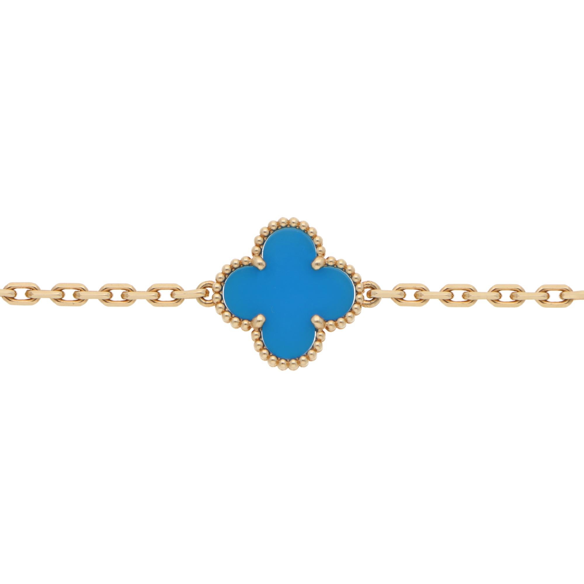 Modern Vintage Van Cleef & Arpels Blue Agate Alhambra Bracelet in Yellow Gold