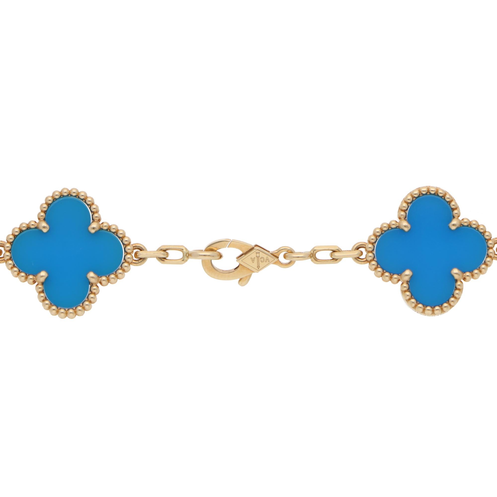 Mixed Cut Vintage Van Cleef & Arpels Blue Agate Alhambra Bracelet in Yellow Gold
