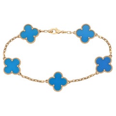 Vintage Van Cleef & Arpels Blue Agate Alhambra Bracelet in Yellow Gold