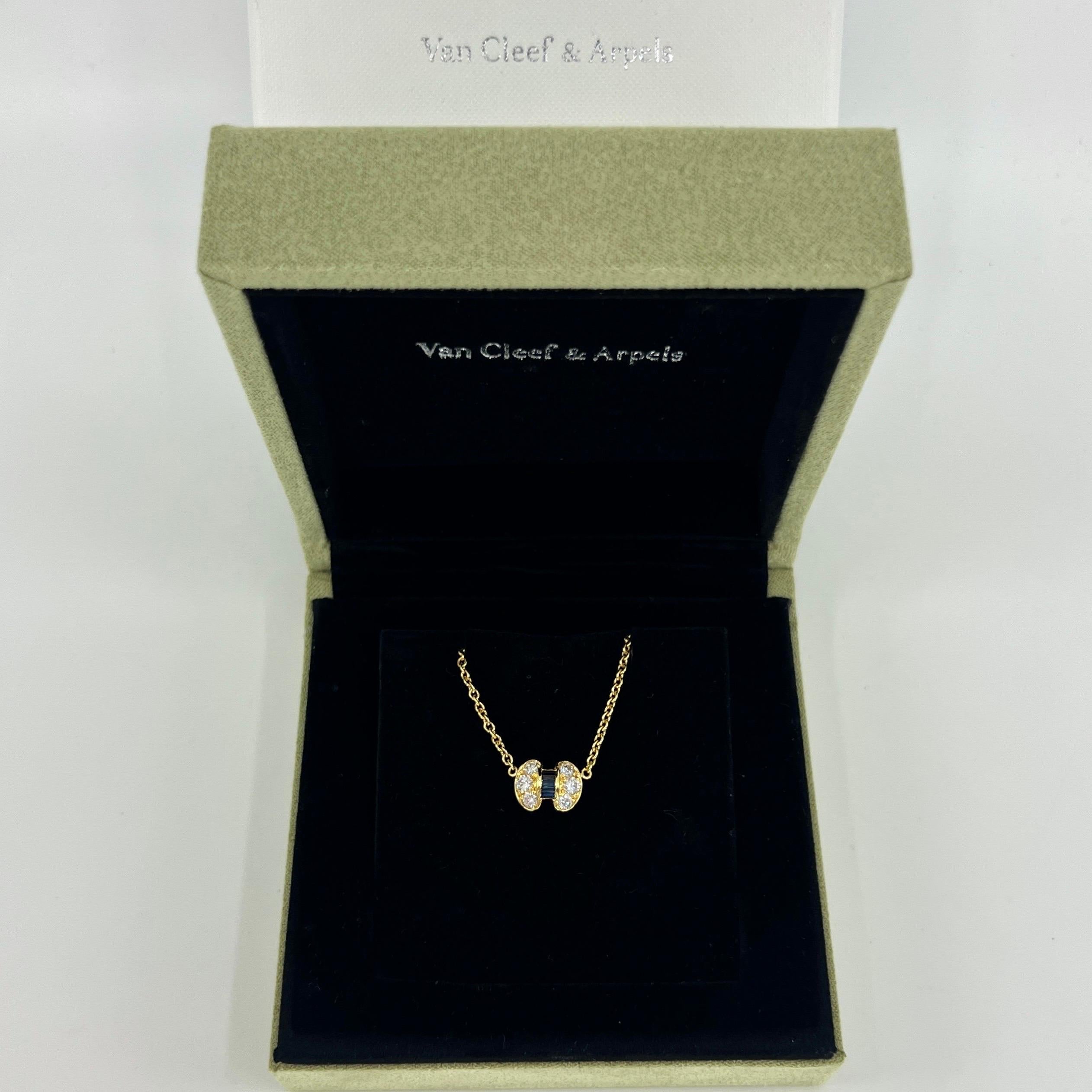 Rare Vintage Van Cleef & Arpels Blue Sapphire And Diamond 18k Yellow Gold Ribbon Bow Celeste Pendant Necklace.

A stunning necklace with a unique design typical of Van Cleef & Arpels, set with a beautiful arrangement of top quality natural blue
