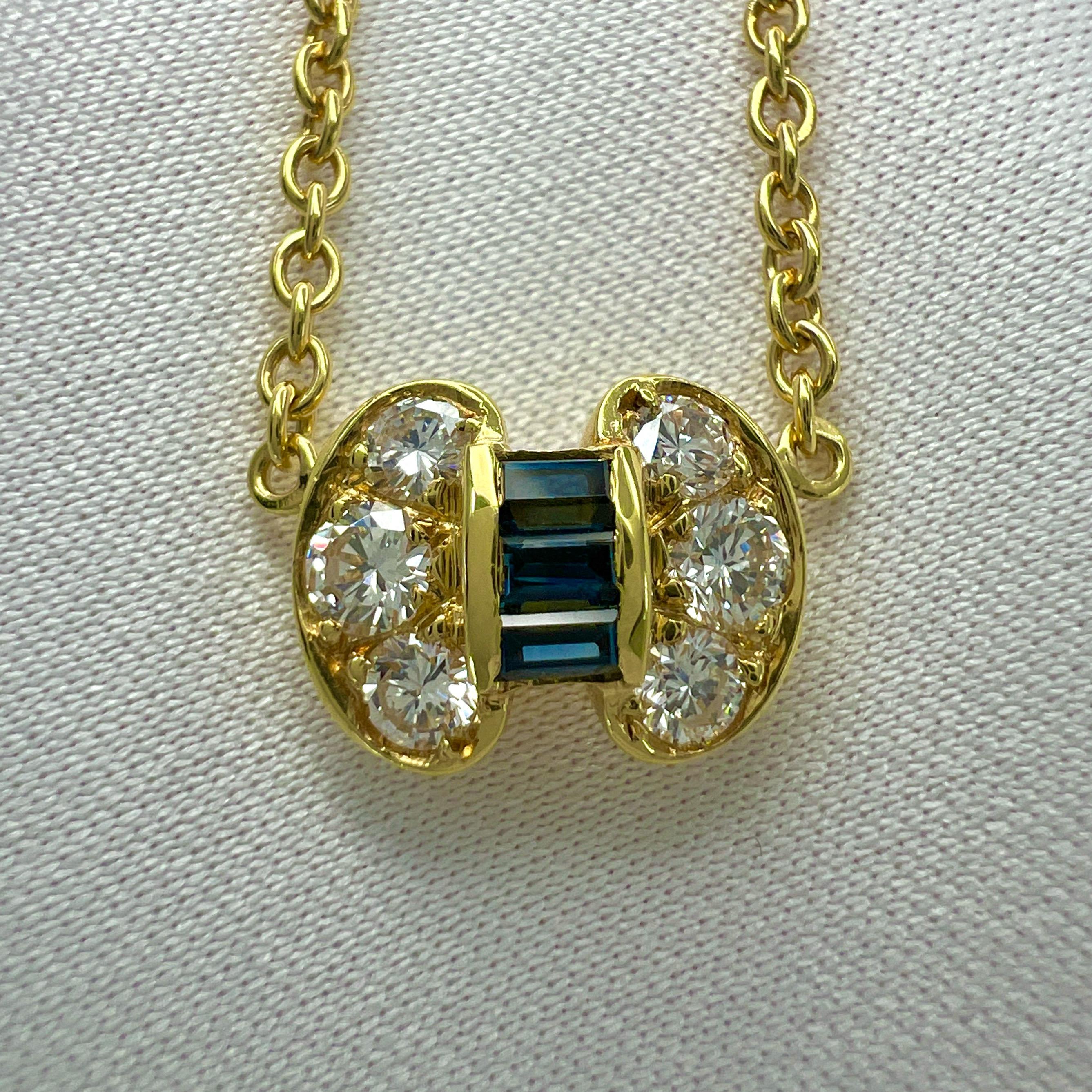 Baguette Cut Vintage Van Cleef & Arpels Blue Sapphire & Diamond Ribbon Bow 18k Gold Necklace For Sale