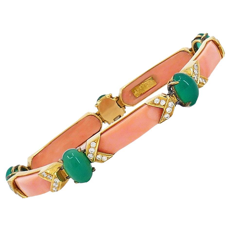 Vintage Van Cleef & Arpels Bracelet Gold Coral Gemstones French Estate Jewelry For Sale