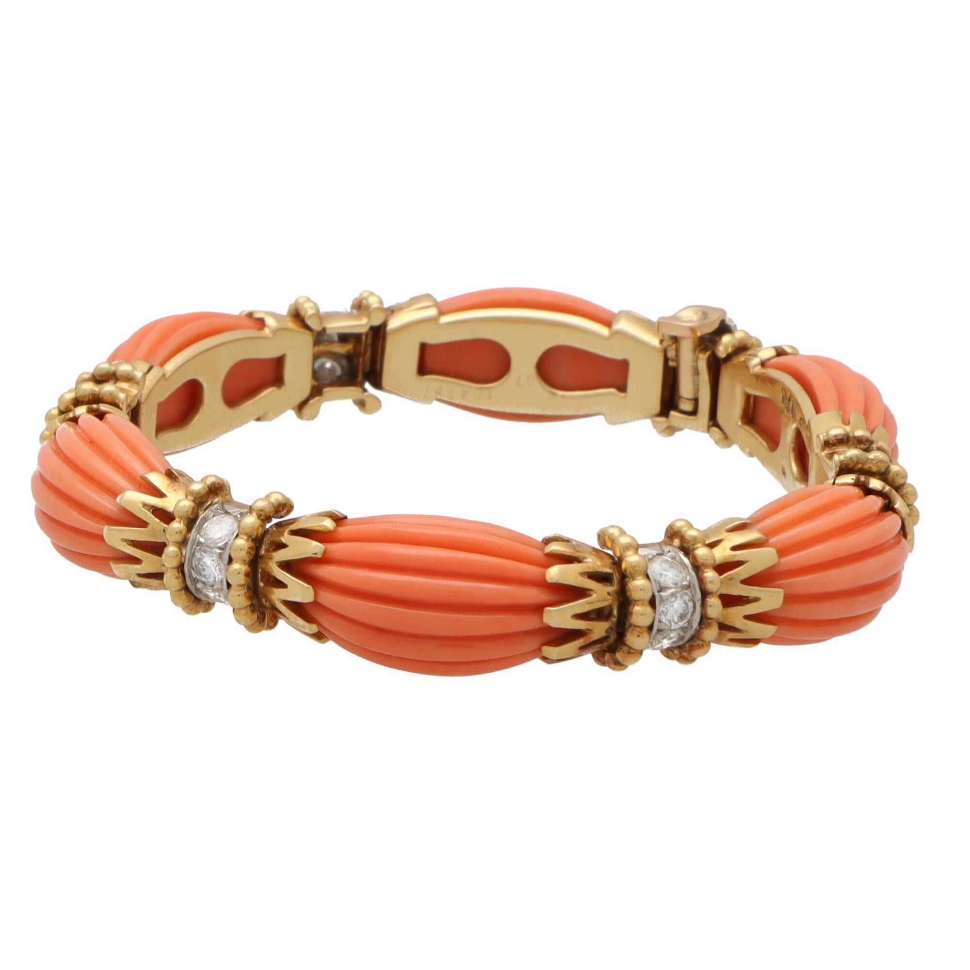 Retro Vintage Van Cleef & Arpels Coral and Diamond Bracelet Set in 18k Yellow Gold