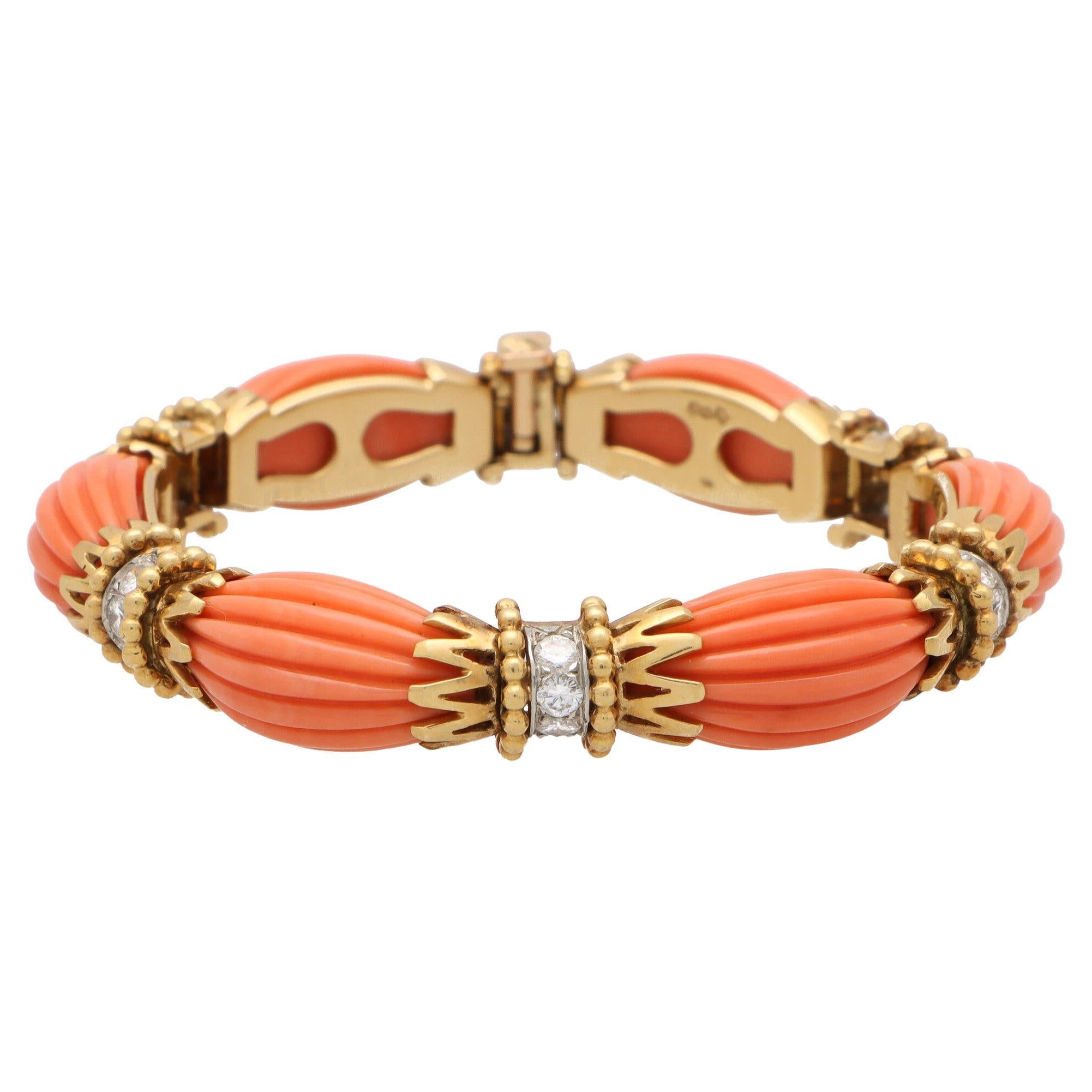 Vintage Van Cleef & Arpels Coral and Diamond Bracelet Set in 18k Yellow Gold