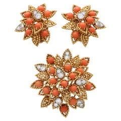 Retro Van Cleef & Arpels Coral and Diamond Earring and Brooch Set in Gold