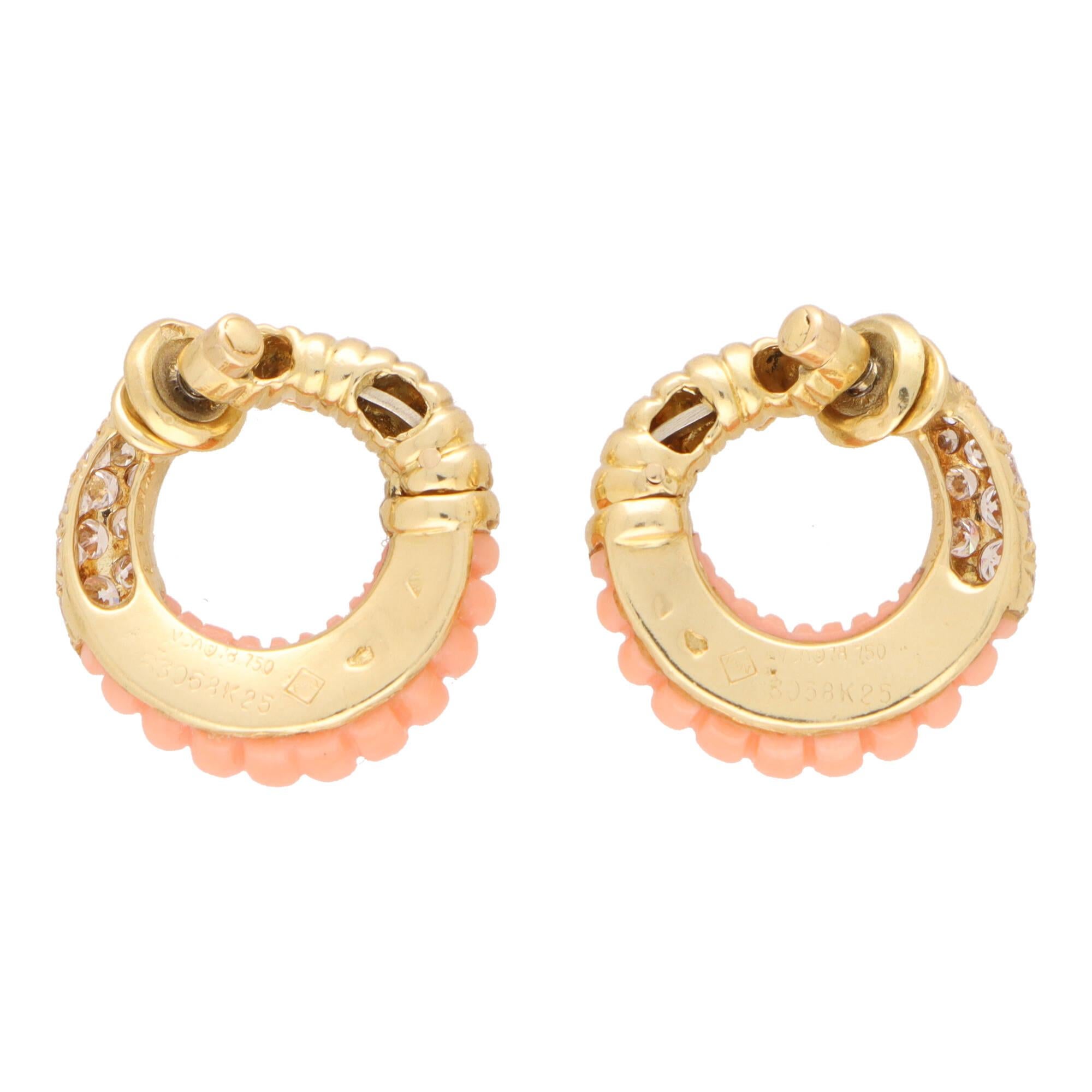 Pendientes de aro vintage Van Cleef & Arpels de coral y diamantes en oro amarillo de 18k Retro en venta