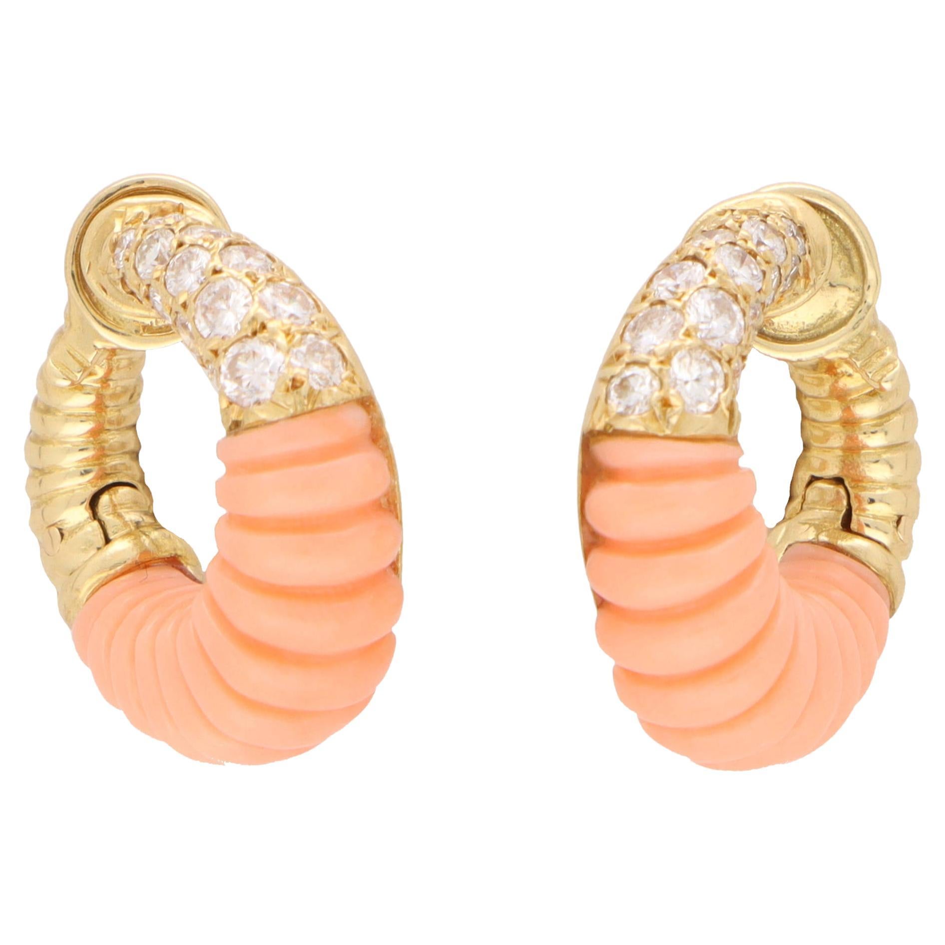 Vintage Van Cleef & Arpels Coral and Diamond Hoop Earrings in 18k Yellow Gold For Sale