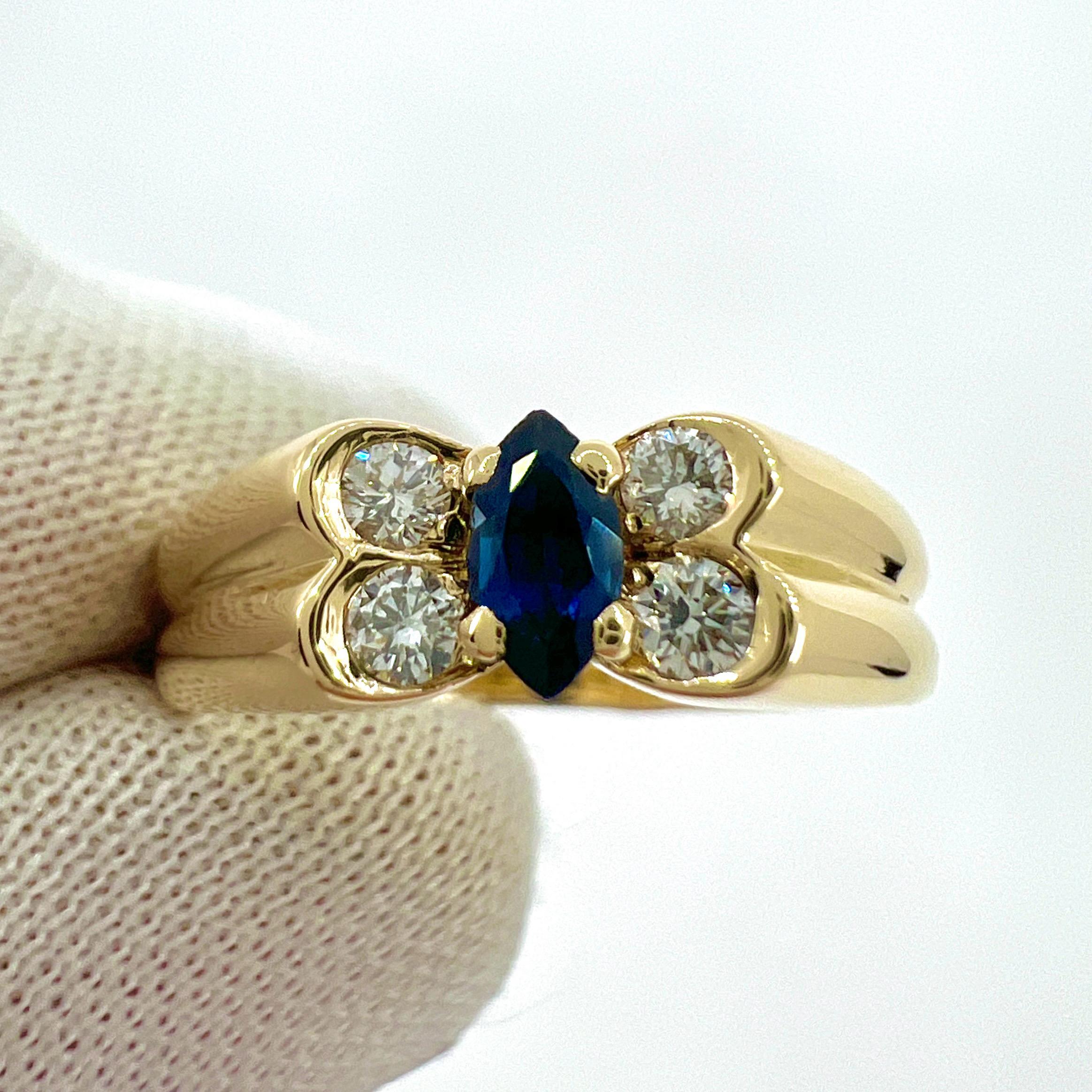 Vintage Van Cleef & Arpels Fine Deep Sapphire And Diamond 18k Yellow Gold Ring.

A stunning vintage ring with a unique design typical of Van Cleef & Arpels, set with a beautiful marquise cut fine deep blue sapphire measuring approx. 5x2.6mm and