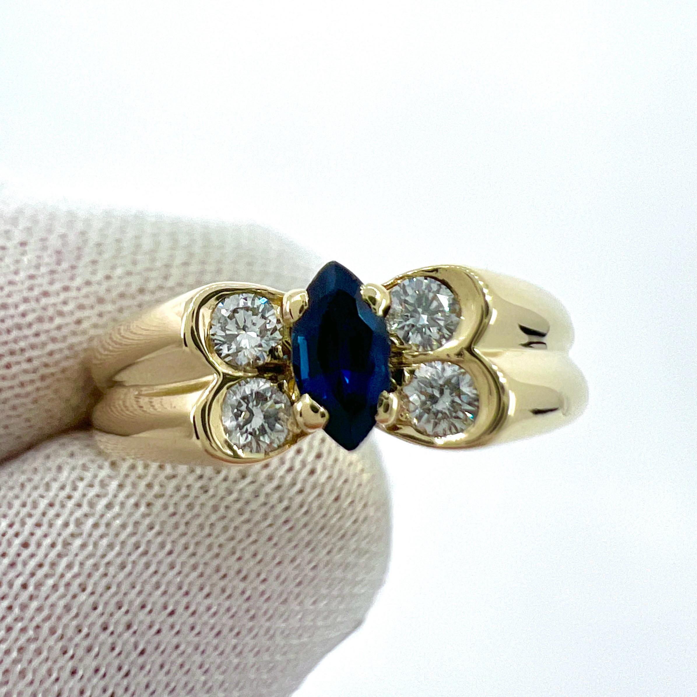 Vintage Van Cleef & Arpels Deep Blue Sapphire & Diamond Butterfly Marquise Ring In Excellent Condition In Birmingham, GB