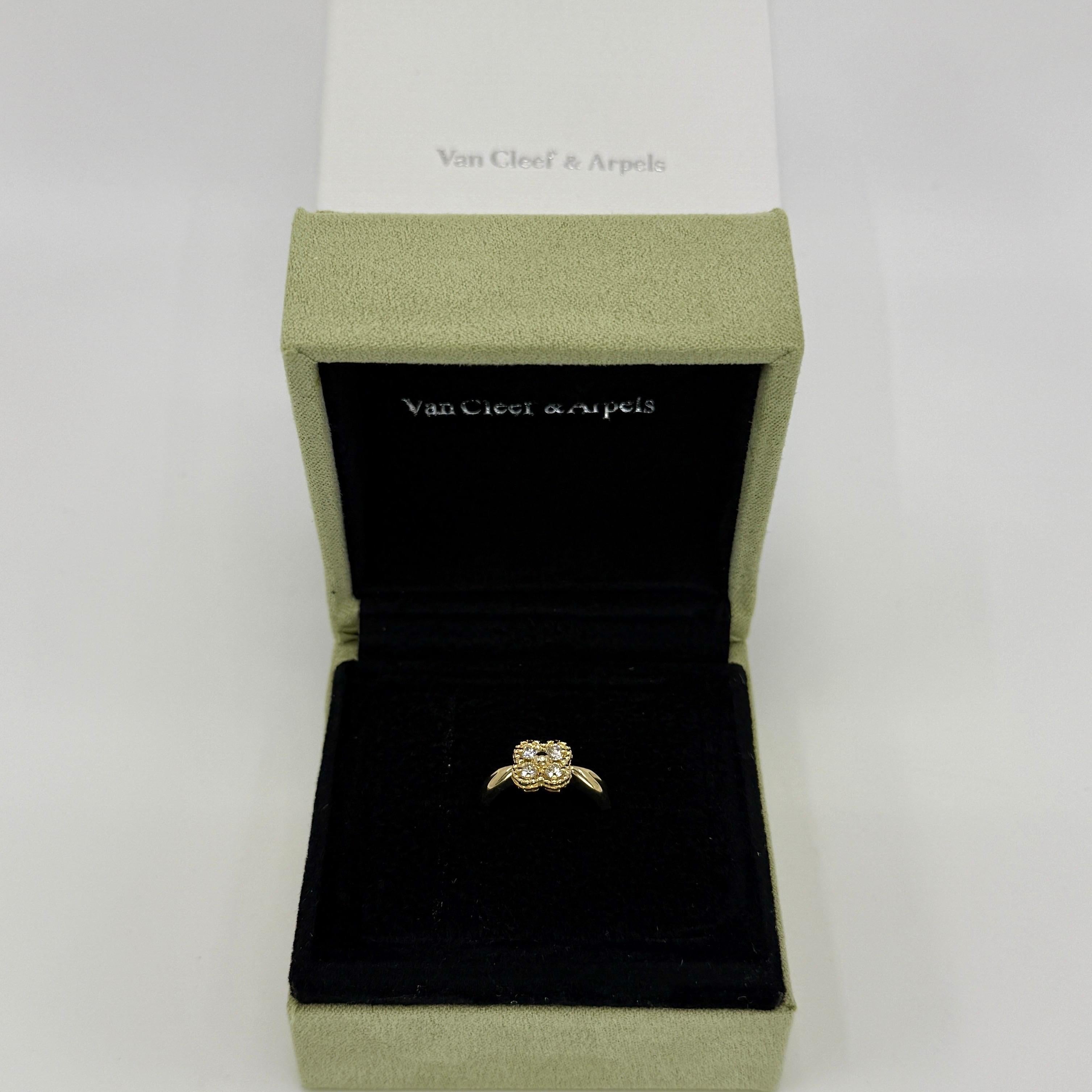 Fine Vintage Van Cleef & Arpels Diamond 18k Yellow Gold Arno Alhambra Flower Ring.

A stunning vintage ring with a unique floral design typical of Van Cleef & Arpels, set with beautiful natural round brilliant cut diamonds in a classic flower