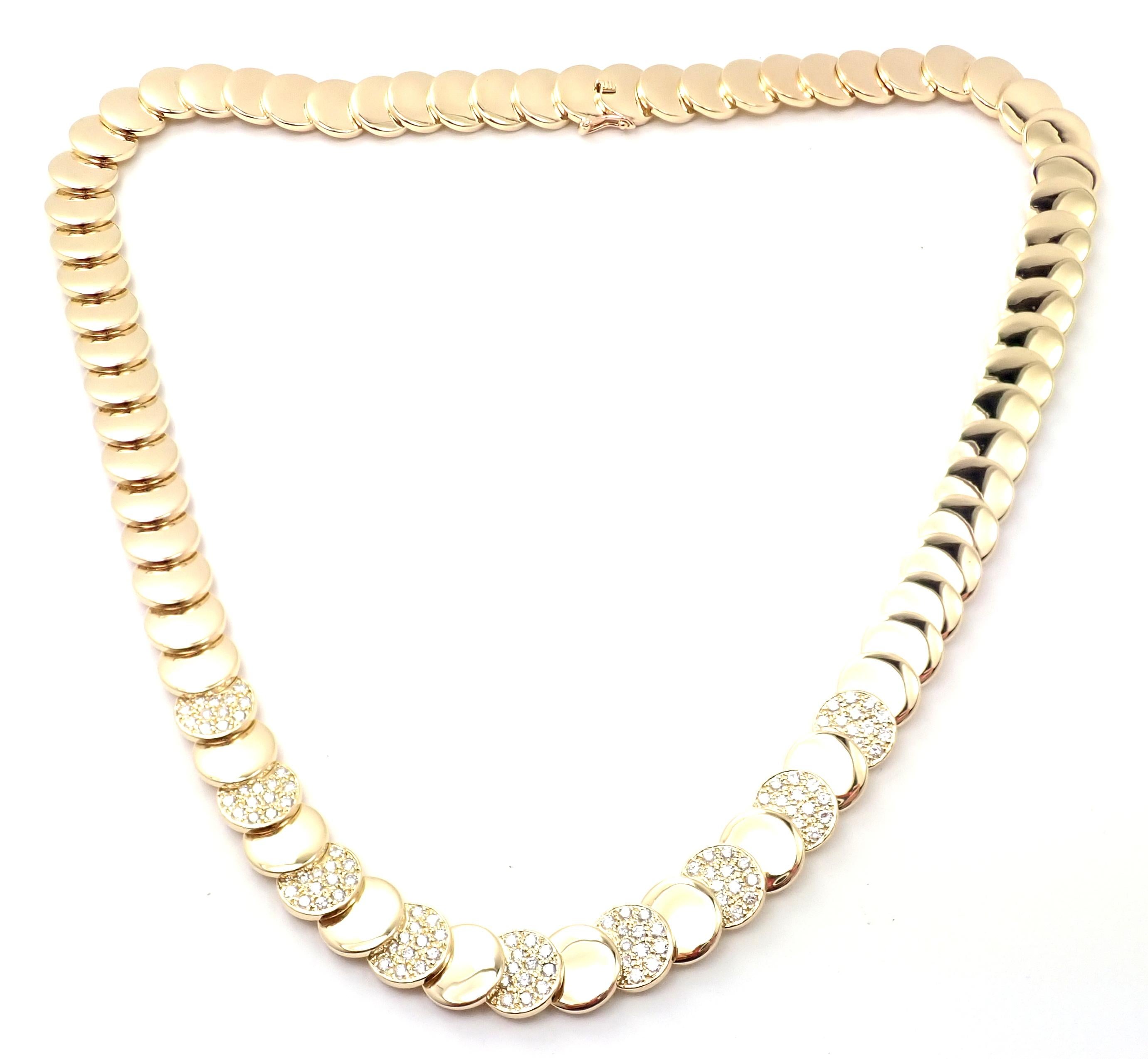 18k Yellow Gold And Diamond Discs Vintage Necklace by Van Cleef & Arpels. 
With 108 round brilliant cut diamond VVS1 clarity, E color
total weight approx. 1.64ct
This necklace comes with service paper from a VCA store in NYC.
Details: 
Length: