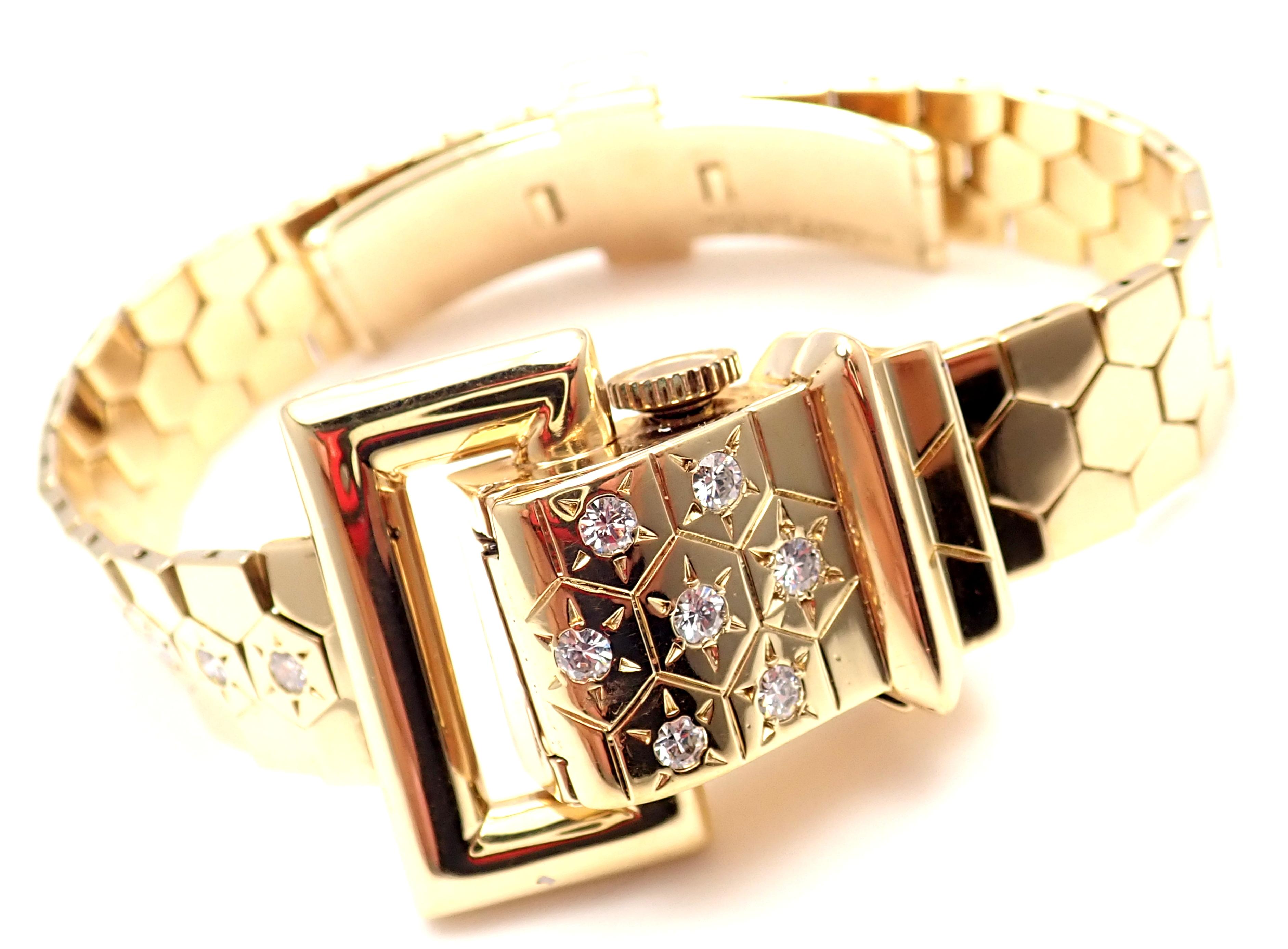 18k Yellow Gold Diamond Ludo Hexagone Buckle Wrist Watch by Van Cleef & Arpels. 
With Round brilliant cut diamonds VVS1 clarity E color 
7x on Lid
3x on Band
Total weight approximately 0.75ct
Details: 
Case Size: 13mm Width
21mm Height
Length: Fits