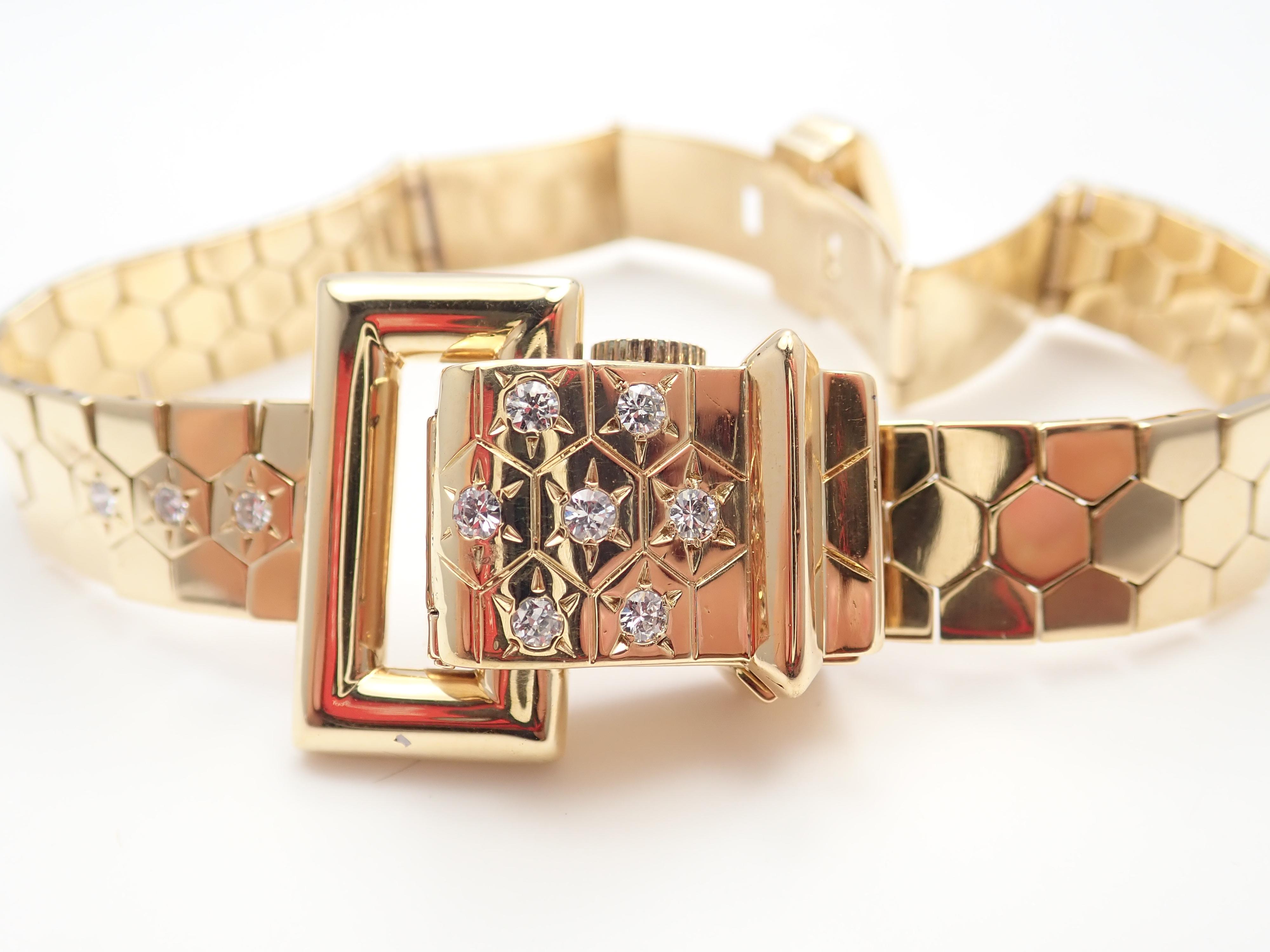 Vintage Van Cleef & Arpels Diamond Ludo Hexagone Buckle Yellow Gold Wristwatch 1