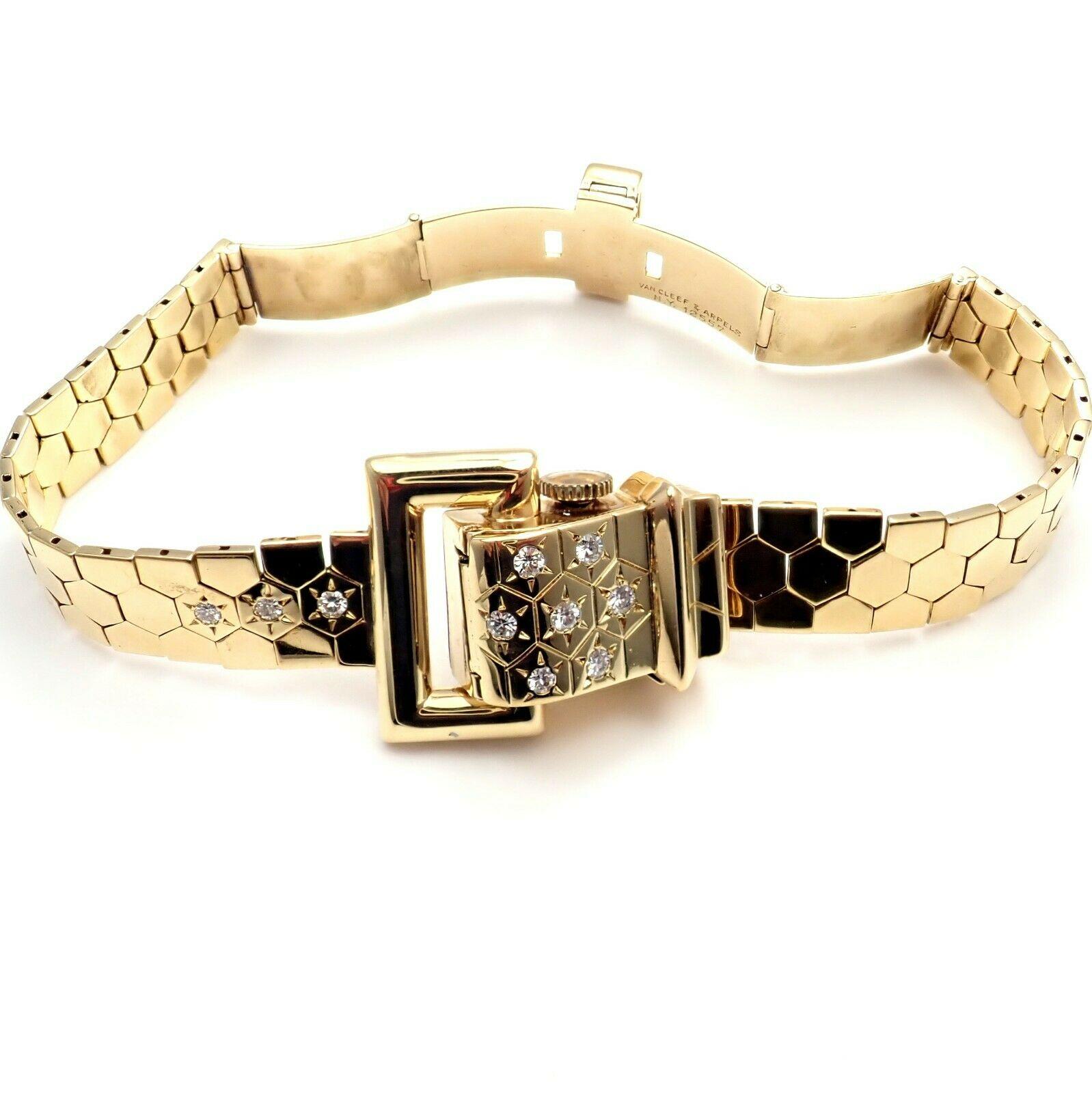 Vintage Van Cleef & Arpels Diamond Ludo Hexagone Buckle Yellow Gold Wristwatch 3