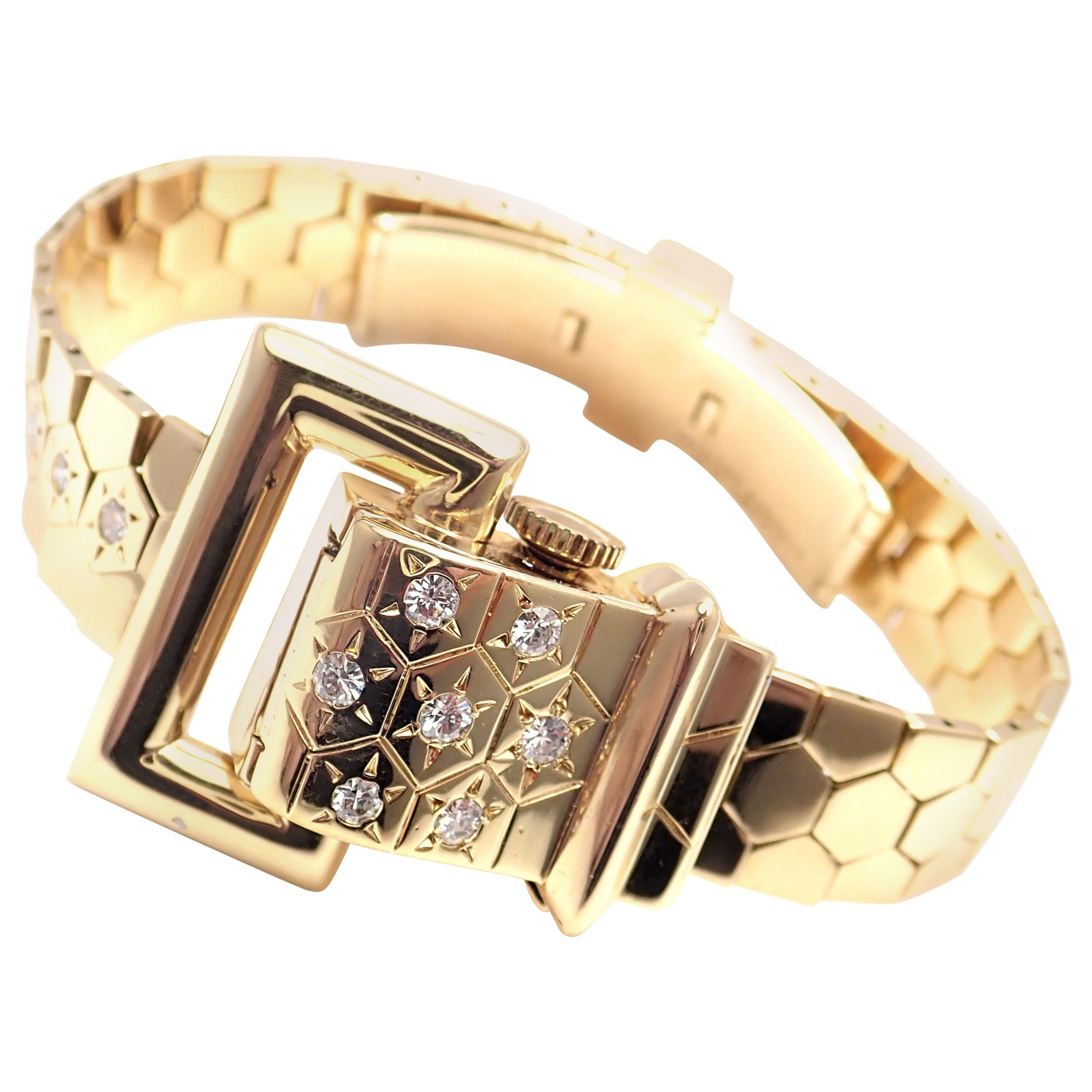 Vintage Van Cleef & Arpels Diamond Ludo Hexagone Buckle Yellow Gold Wristwatch