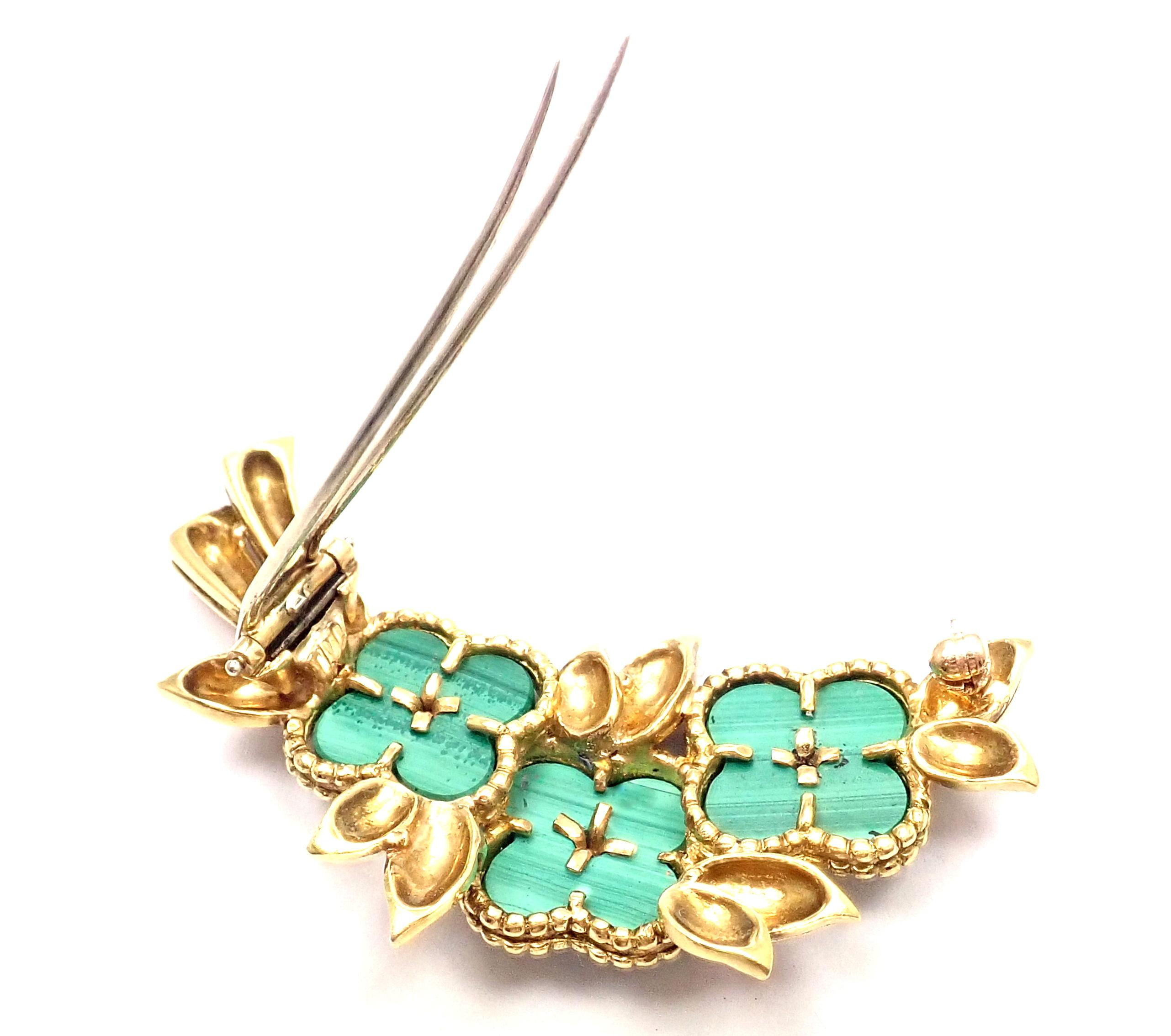 18k Yellow Gold Diamond Malachite Alhambra Pin Brooch by Van Cleef & Arpels. 
With 3 brilliant round cut diamonds VVS1 clarity, F color total weight approx. .18ct
3 alhambra shape malachite stones 15mm each
Details: 
Measurements: 2