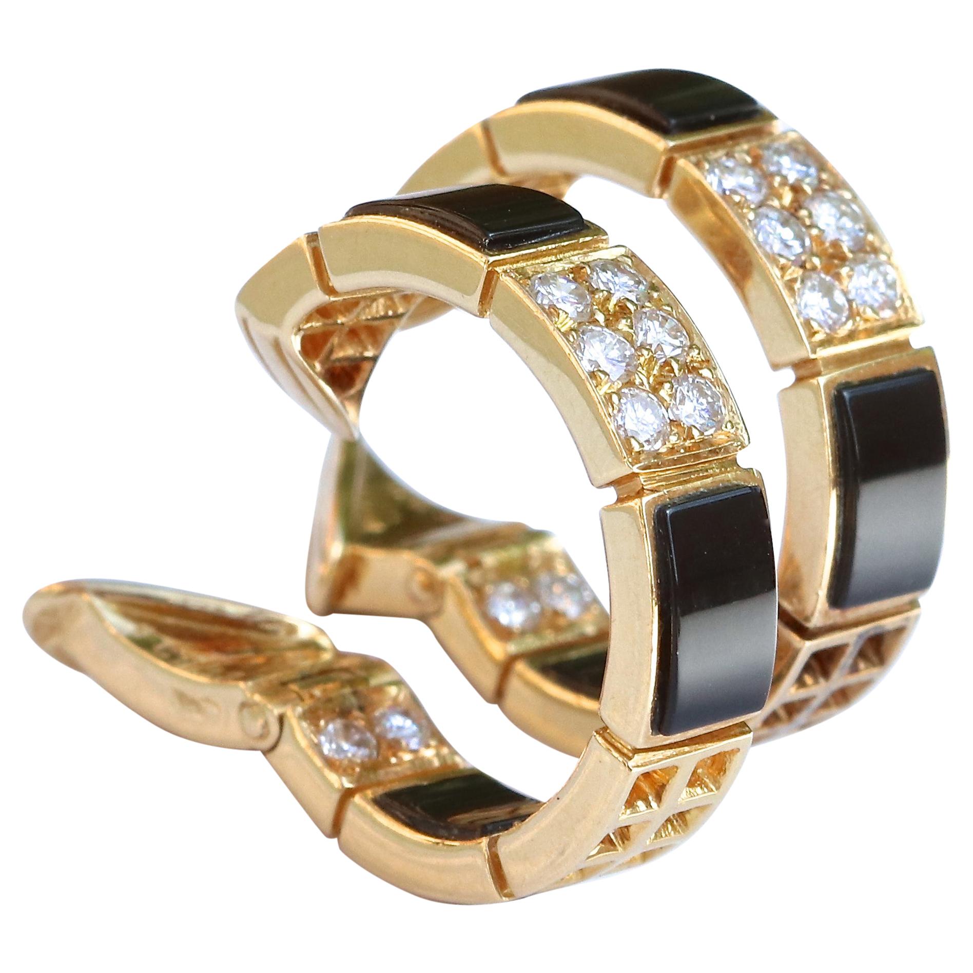 Vintage Van Cleef & Arpels Diamond Onyx 18 Karat Gold Hoop Earrings