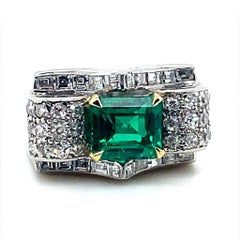 Vintage Van Cleef & Arpels Emerald Diamond Platinum Ring Circa 1940