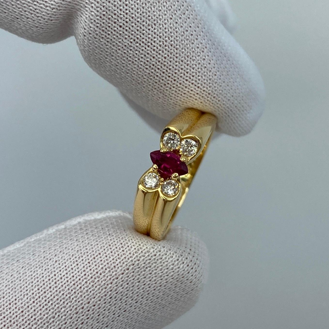 Vintage Van Cleef & Arpels Fine Ruby  & Diamond 18k Yellow Gold Ring

A stunning vintage ring with a unique design typical of Van Cleef & Arpels, set with a 0.33ct marquise/navette cut fine vivid red ruby & 4 excellent quality white diamonds.