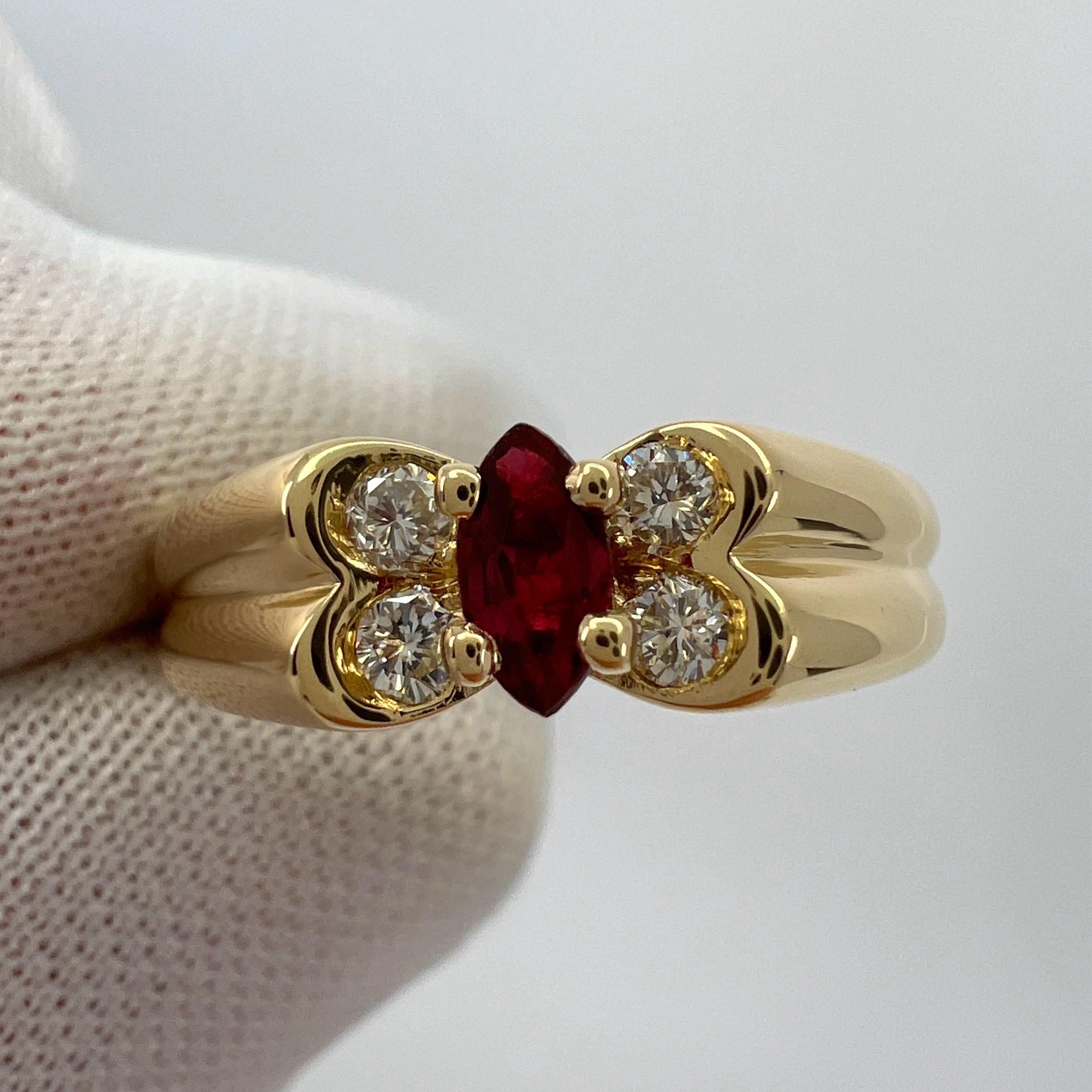 Vintage Van Cleef & Arpels Fine Ruby And Diamond 18k Yellow Gold Ring.

A stunning vintage ring with a unique design typical of Van Cleef & Arpels, set with a beautiful marquise cut fine vivid red ruby measuring just under 5x2.9mm and accented by x4