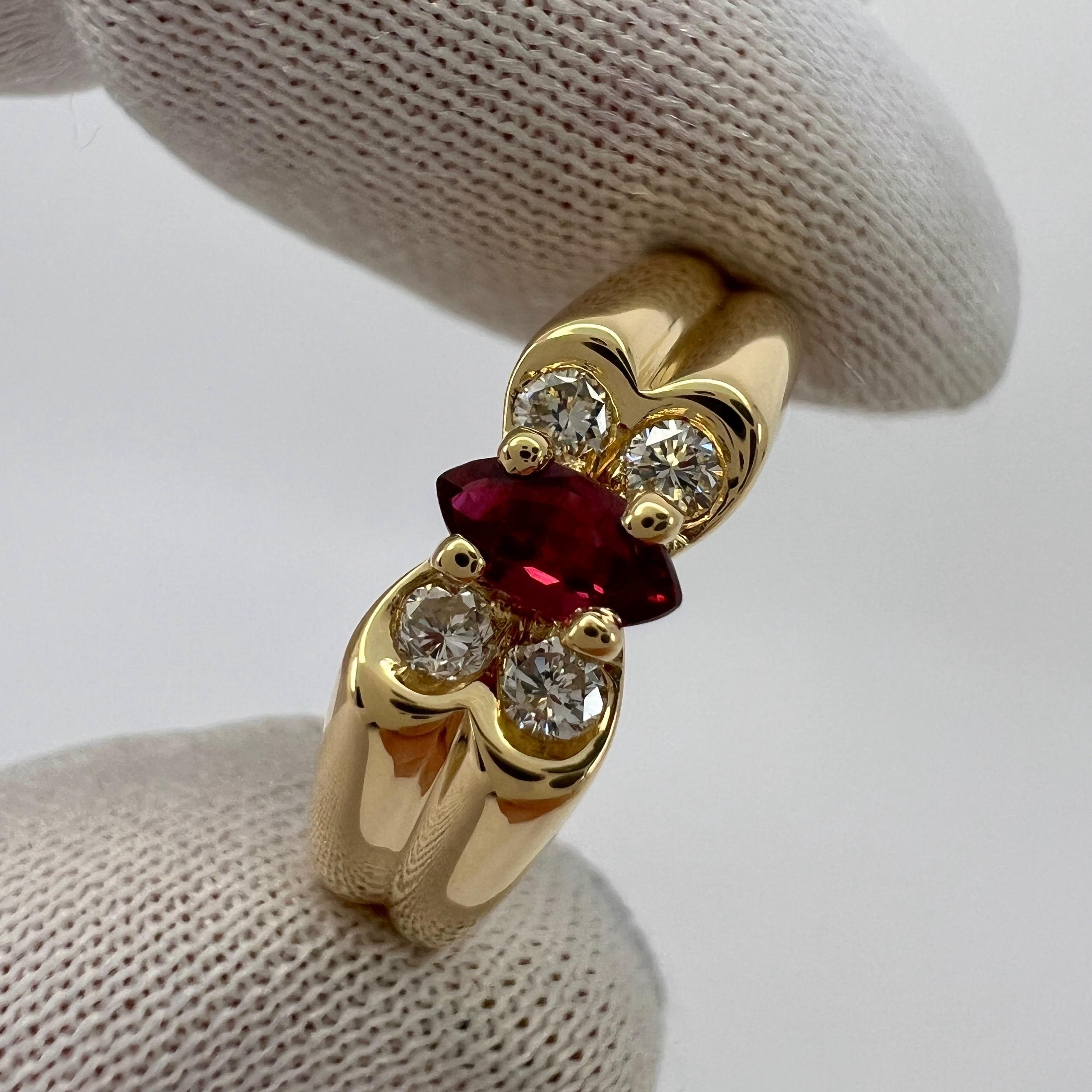 Vintage Van Cleef & Arpels Fine Vivid Red Ruby & Diamond Butterfly Marquise Ring In Excellent Condition For Sale In Birmingham, GB