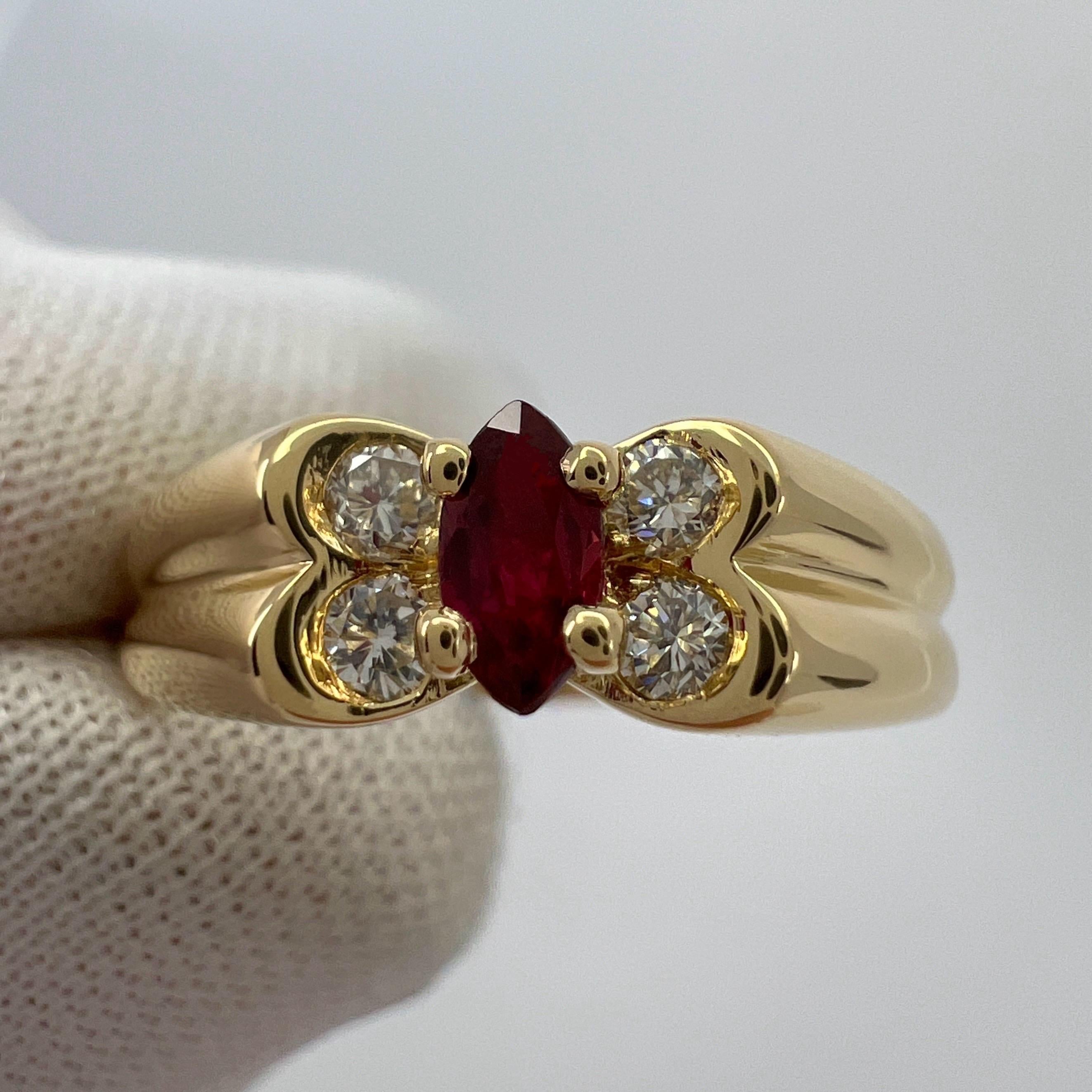 Women's or Men's Vintage Van Cleef & Arpels Fine Vivid Red Ruby & Diamond Butterfly Marquise Ring For Sale