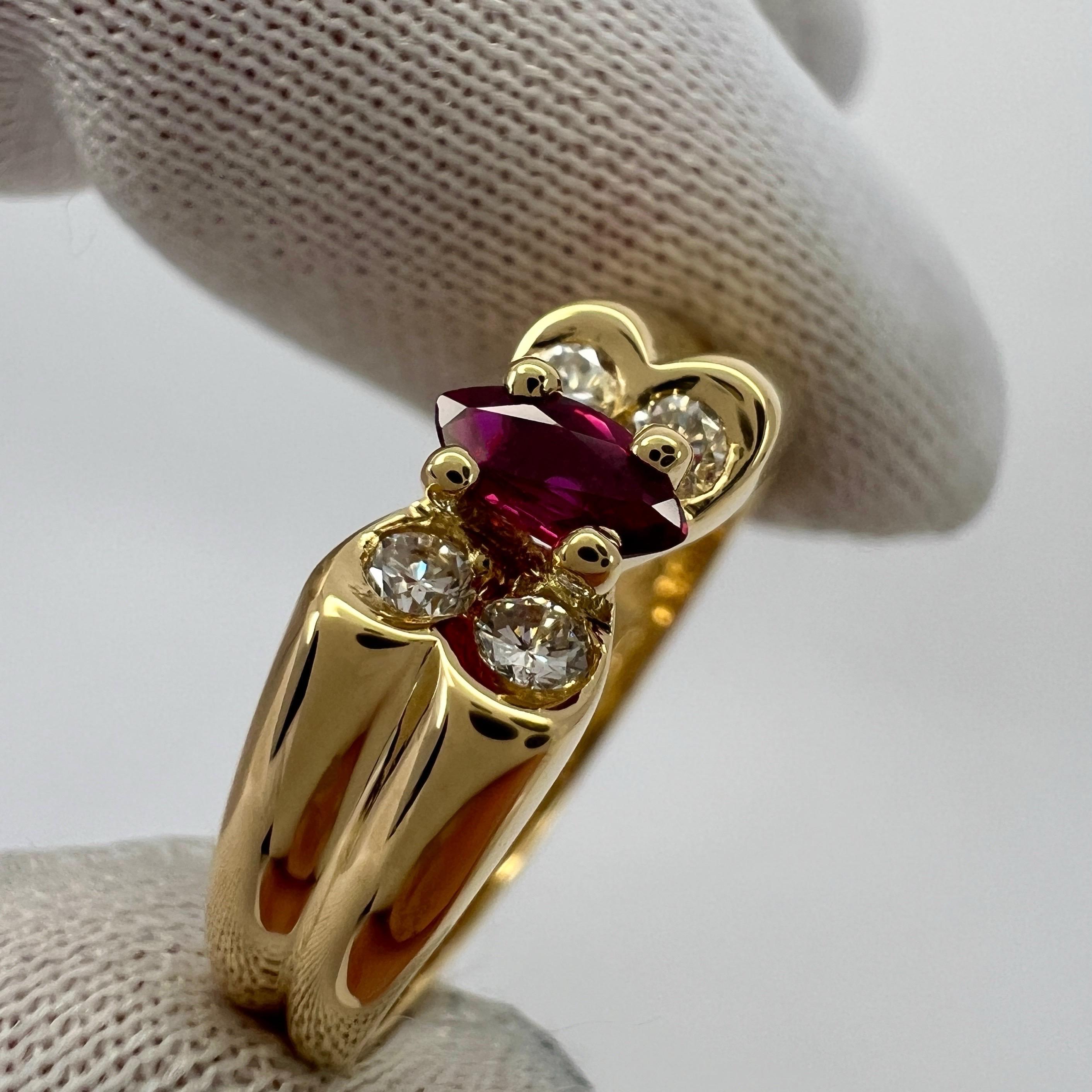 Vintage Van Cleef & Arpels Fine Vivid Red Ruby & Diamond Butterfly Marquise Ring For Sale 1