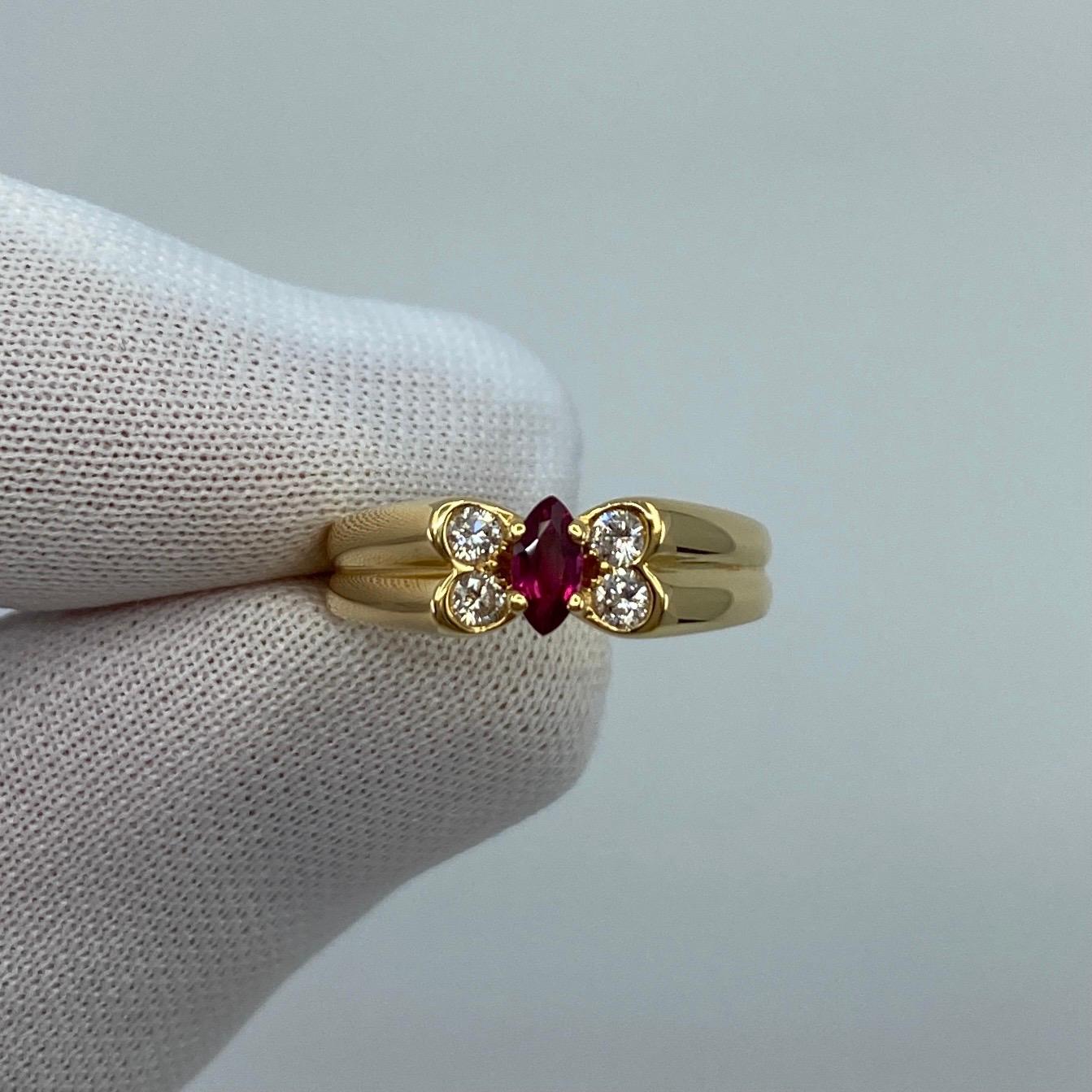 Vintage Van Cleef & Arpels Fine Vivid Red Ruby & Diamond Butterfly Marquise Ring In Excellent Condition In Birmingham, GB