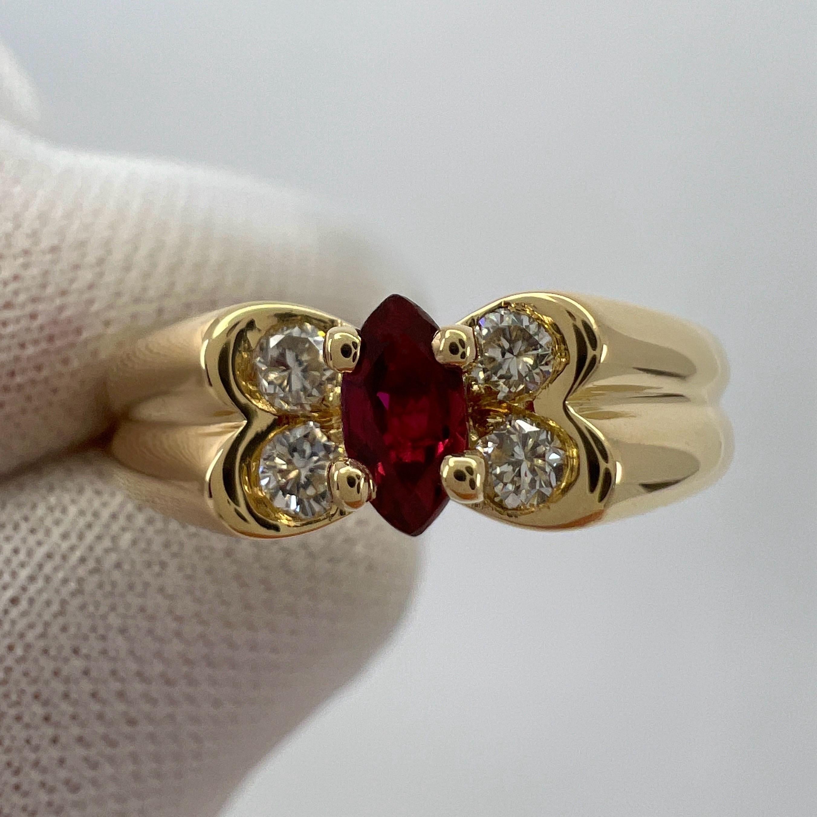 Vintage Van Cleef & Arpels Fine Vivid Red Ruby & Diamond Butterfly Marquise Ring For Sale 2
