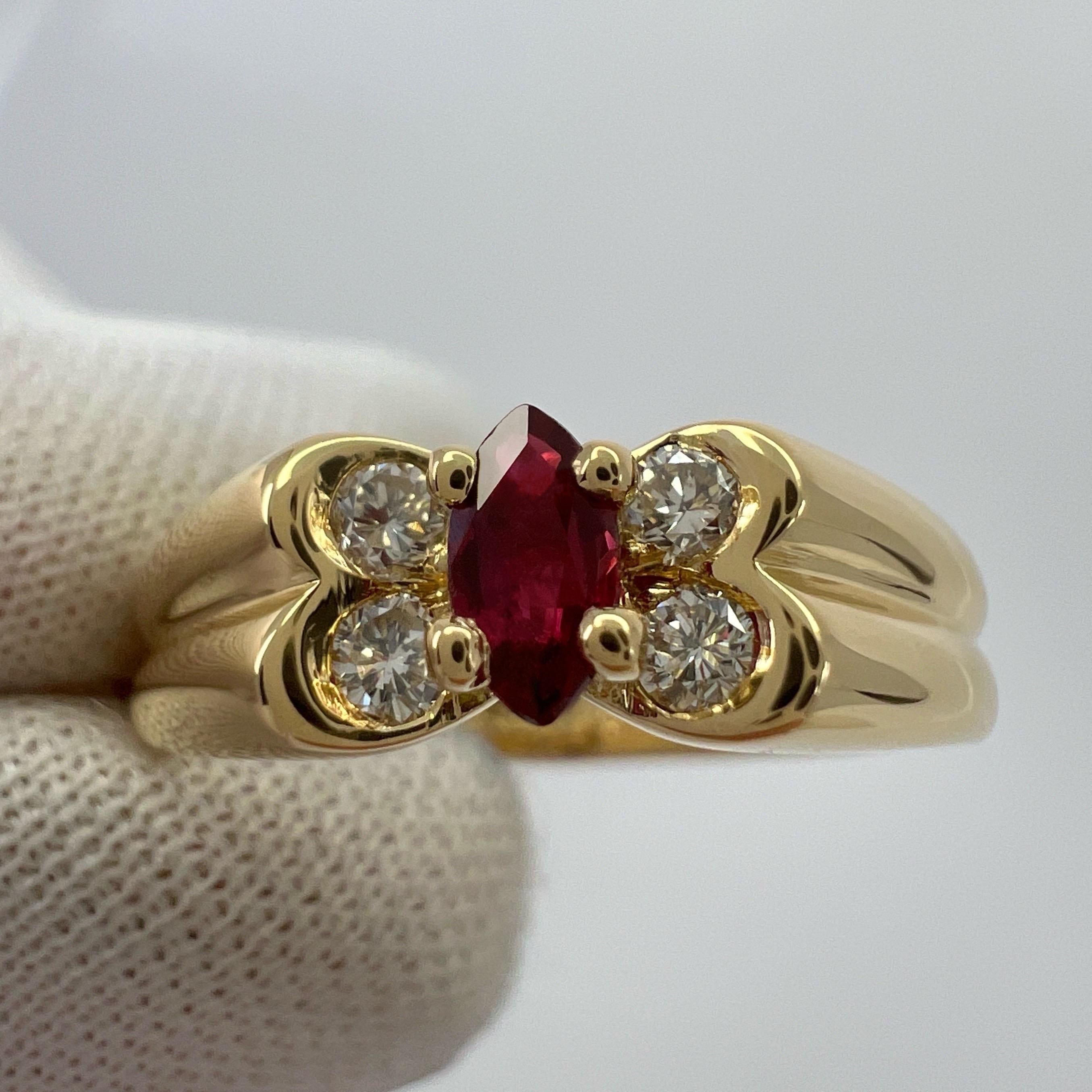 Vintage Van Cleef & Arpels Fine Vivid Red Ruby & Diamond Butterfly Marquise Ring For Sale 4