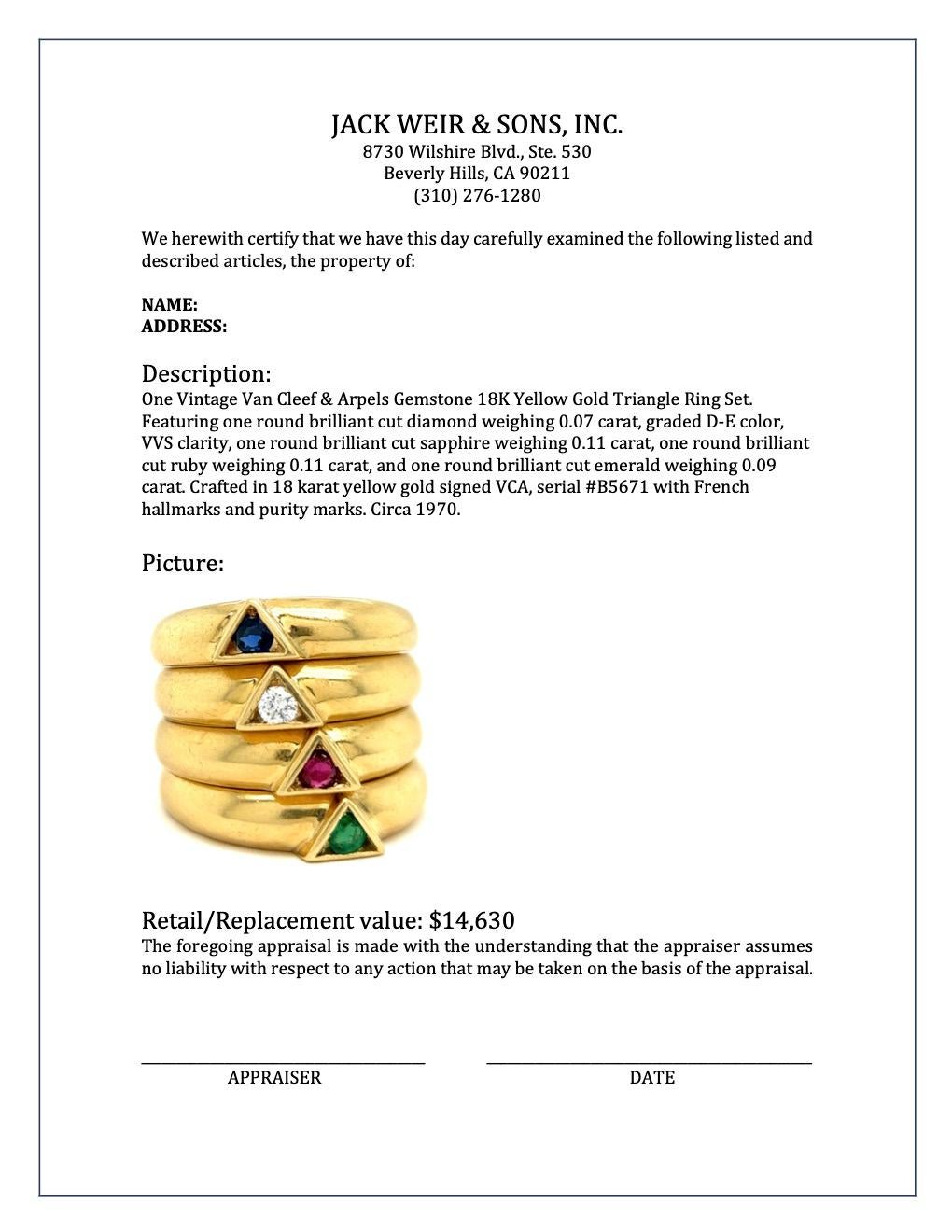 Vintage Van Cleef & Arpels Gemstone 18K Yellow Gold Triangle Ring Set 1