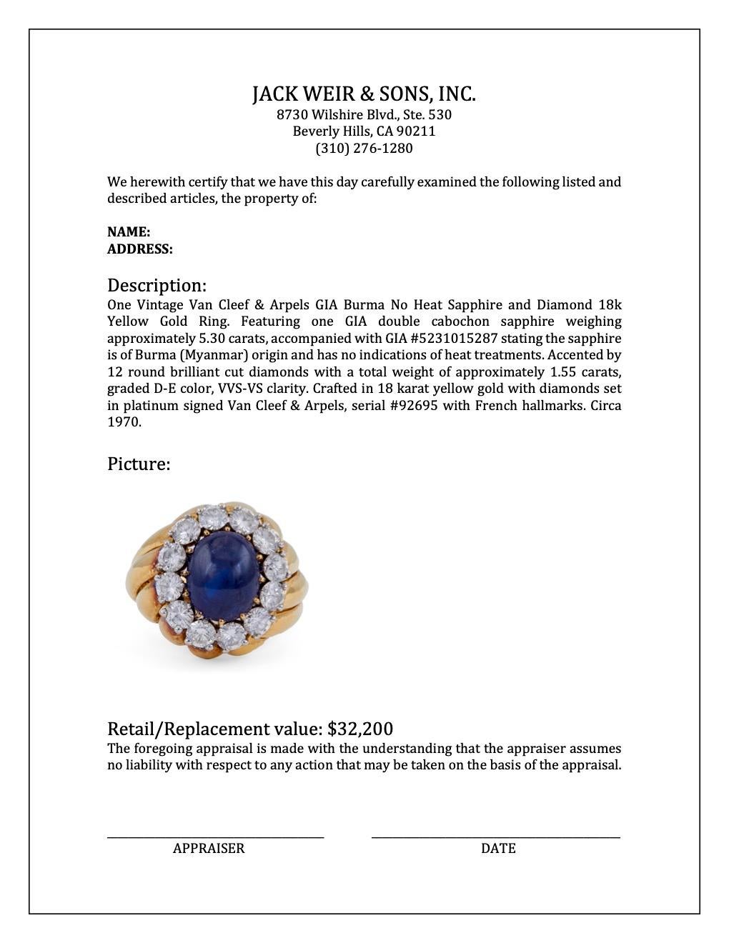 Vintage Van Cleef & Arpels GIA Burma No Heat Sapphire Diamond 18k Gold Ring In Good Condition In Beverly Hills, CA