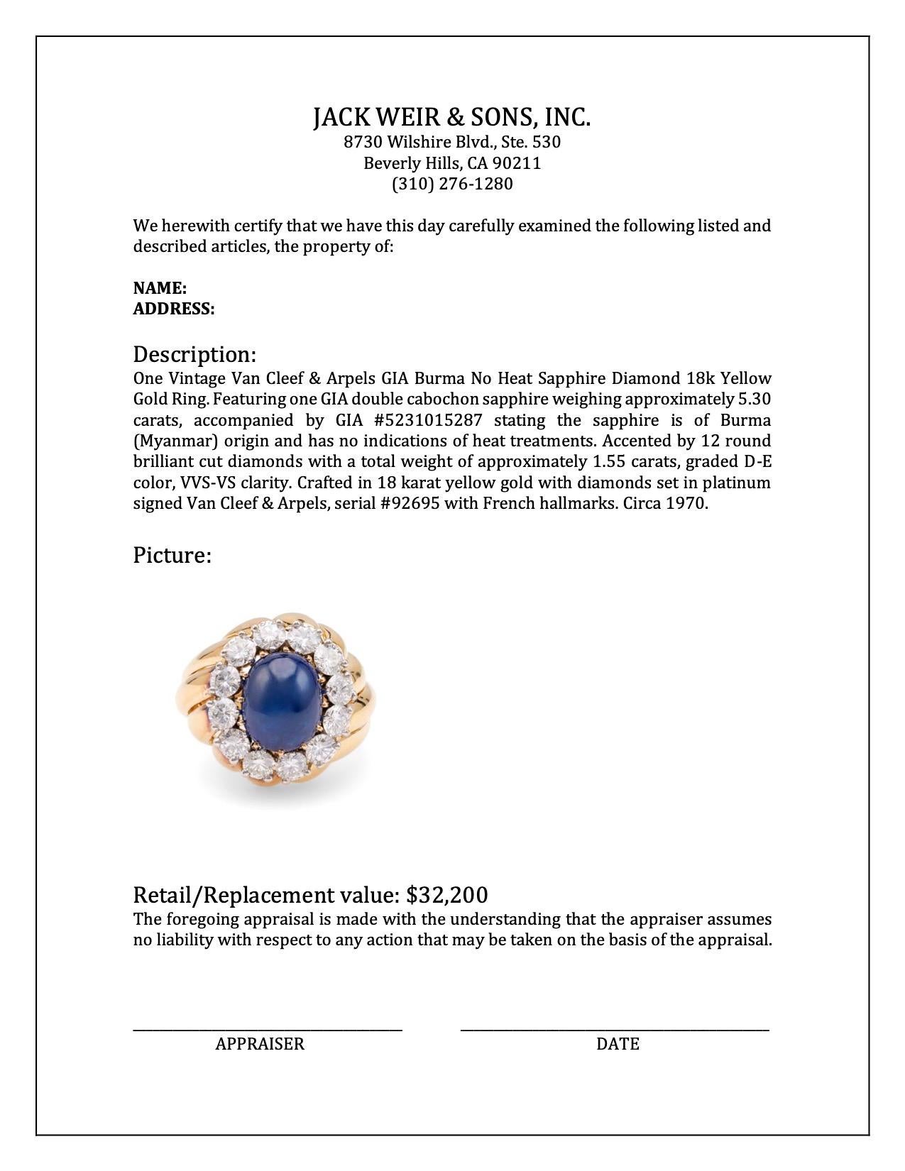 Van Cleef & Arpels GIA Burma No Heat Saphir Diamant 18k Gelbgold Ri, Vintage für Damen oder Herren im Angebot