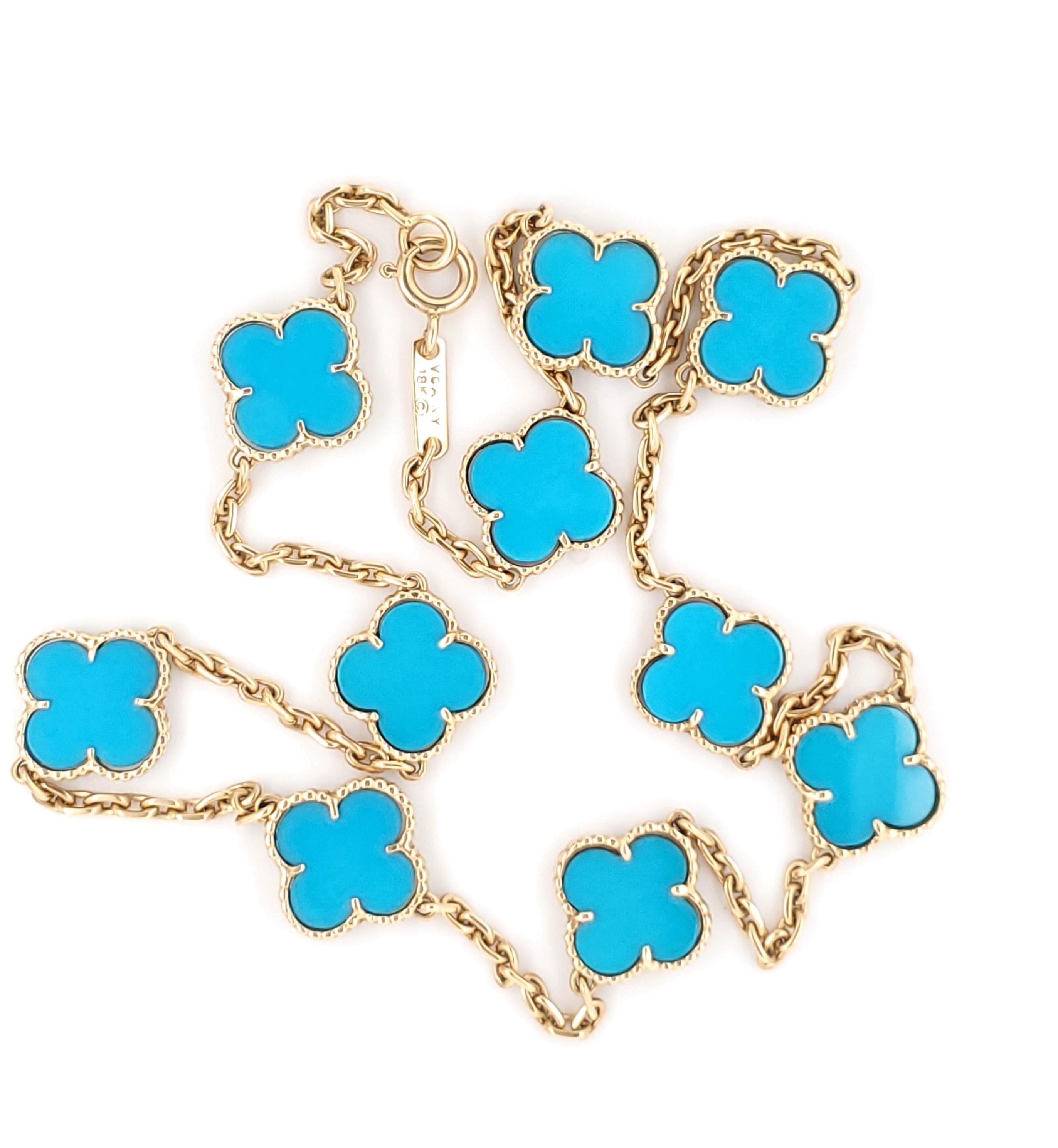 Vintage Van Cleef & Arpels Gold Turquoise Alhambra Necklace In Excellent Condition In New York, NY