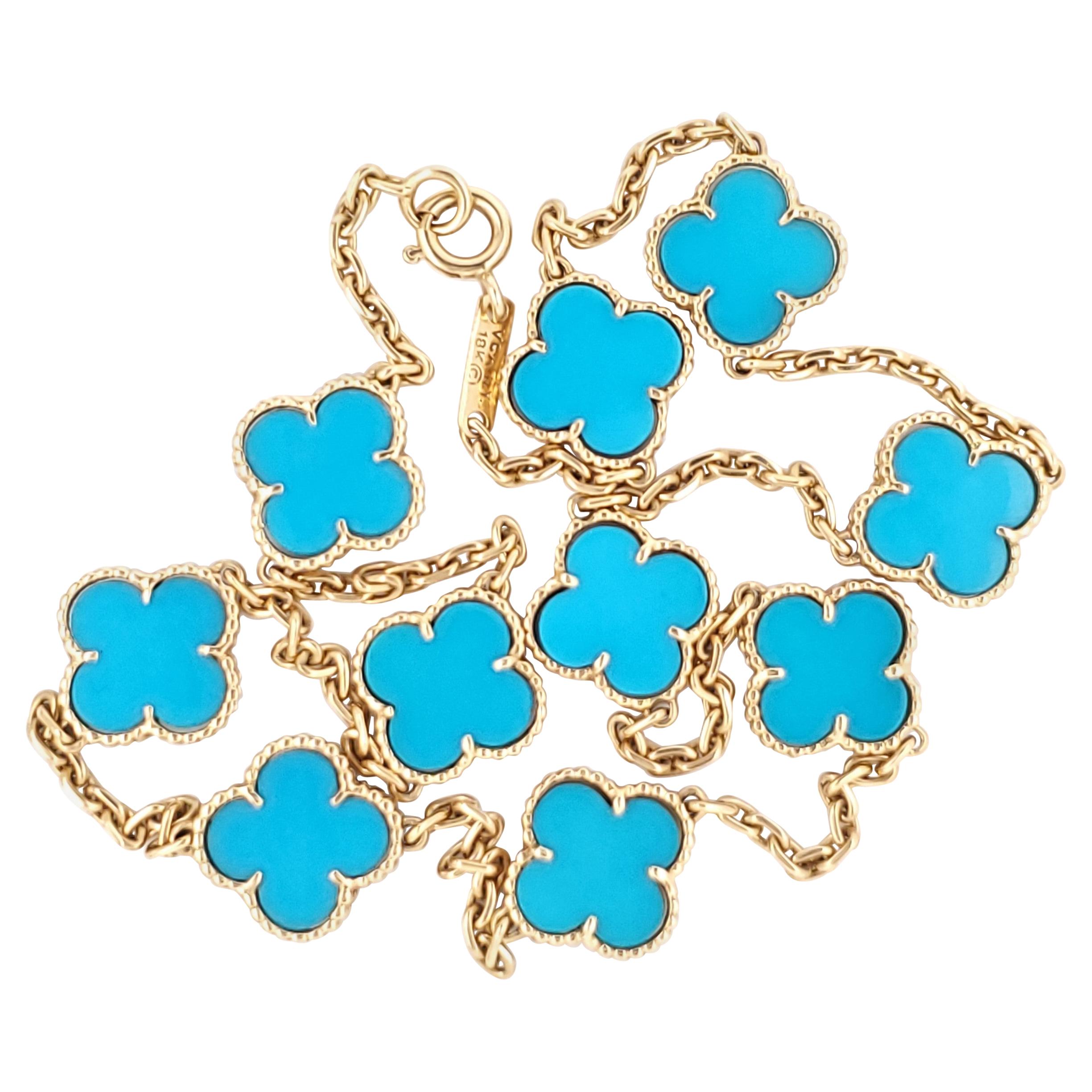 Vintage fake Van Cleef & Arpels Alhambra necklace yellow gold 10 motifs  turquoise : vancleef-jewelry