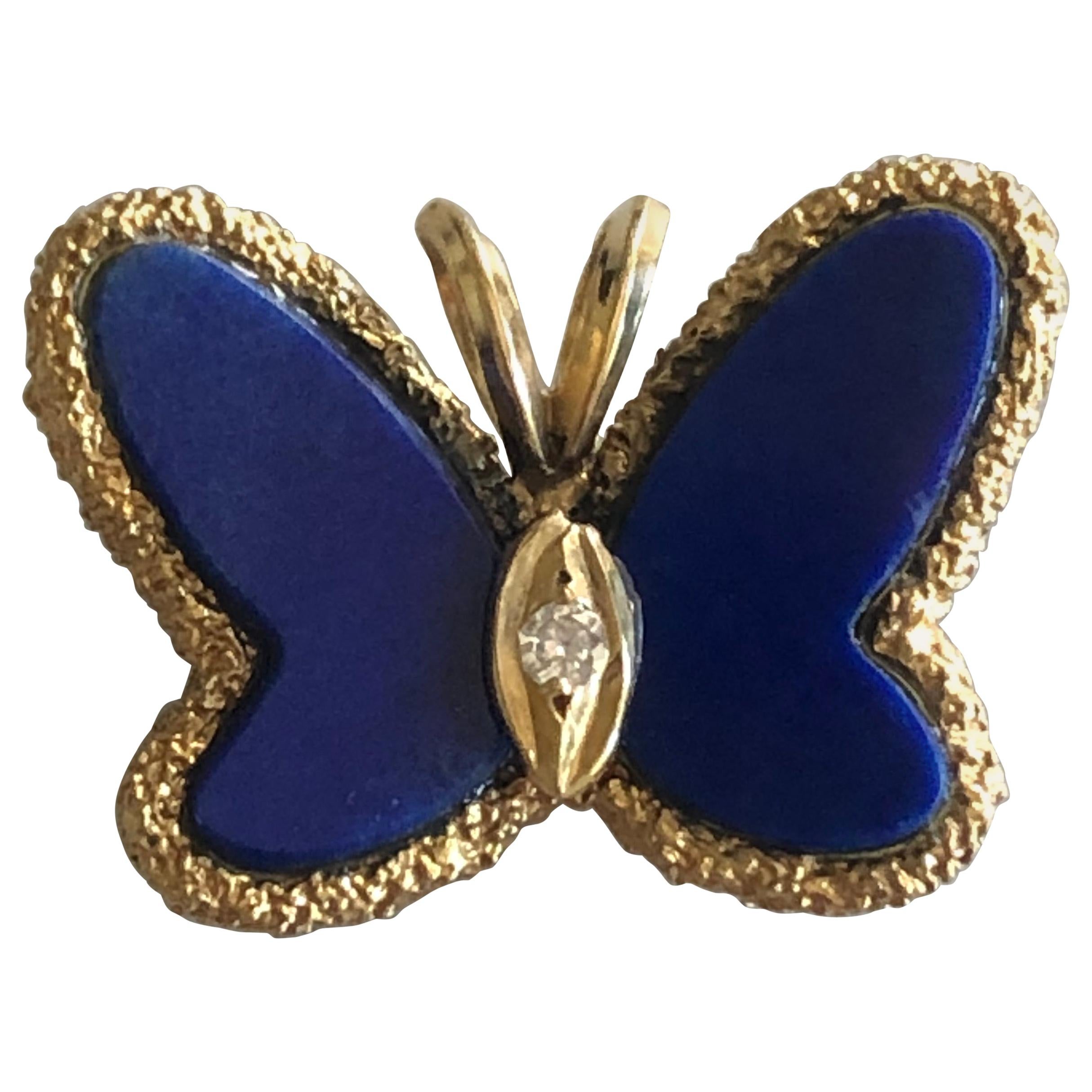 Vintage Van Cleef & Arpels Lapis Lazul Butterfly and Diamond Pendant, 1970s