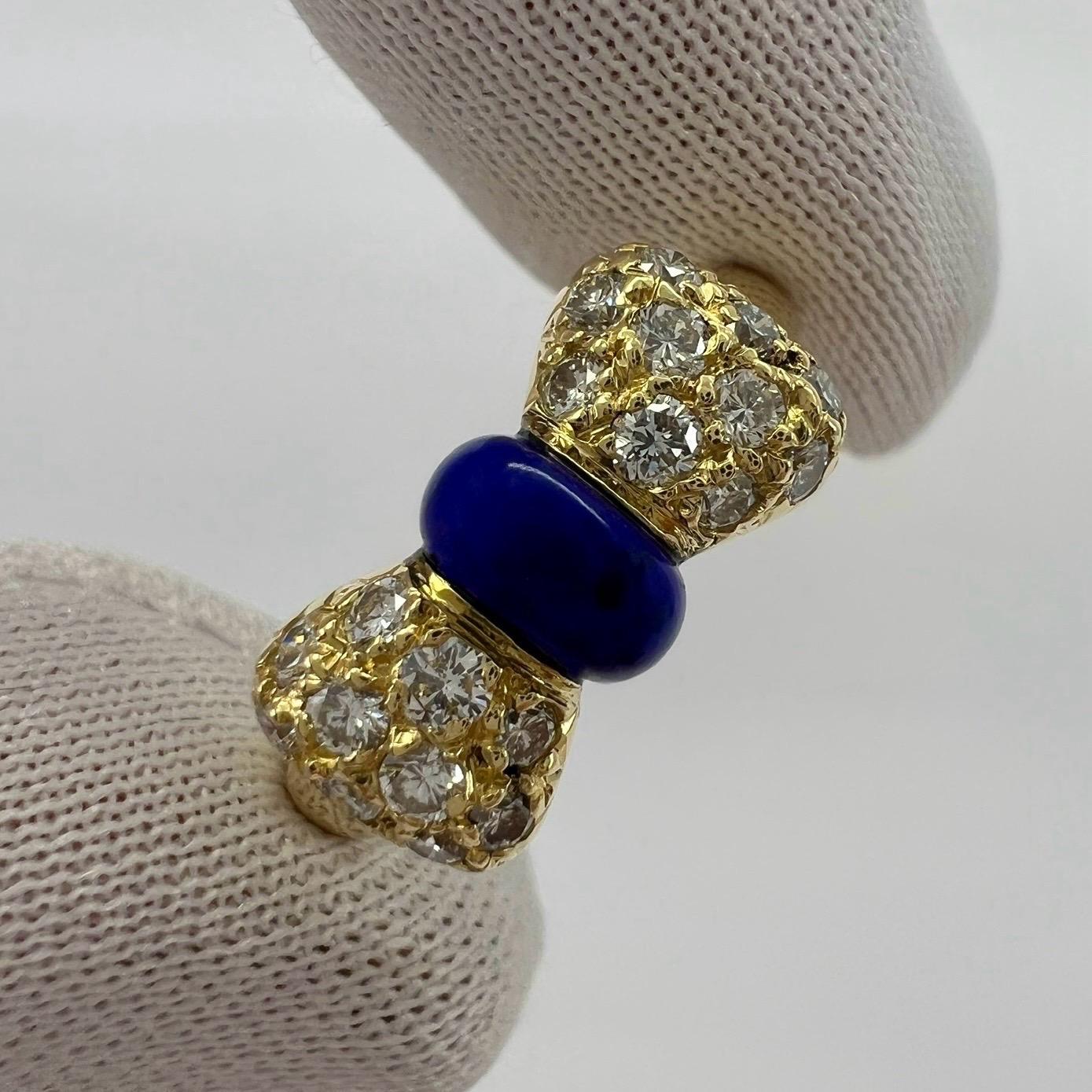 Round Cut Vintage Van Cleef & Arpels Lapis Lazuli Diamond 18k Yellow Gold Ribbon Bow Ring For Sale