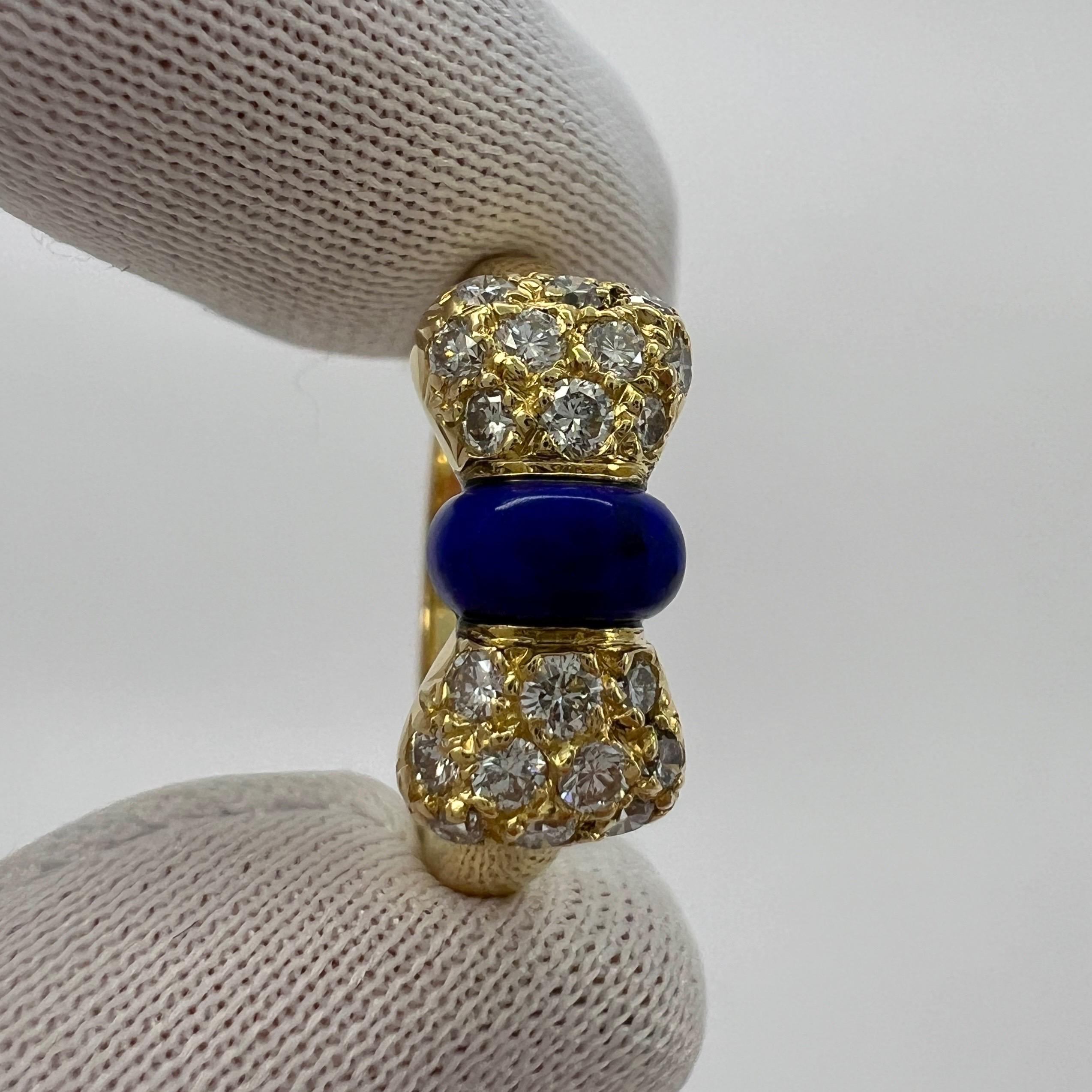 Vintage Van Cleef & Arpels Lapis Lazuli Diamond 18k Yellow Gold Ribbon Bow Ring In Excellent Condition For Sale In Birmingham, GB