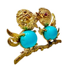 Vintage Van Cleef & Arpels Love Bird Brooch in 18K Yellow Gold, Turquoise & Ruby