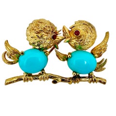 Vintage Van Cleef & Arpels Love Bird Brooch in 18K Yellow Gold, Turquoise & Ruby