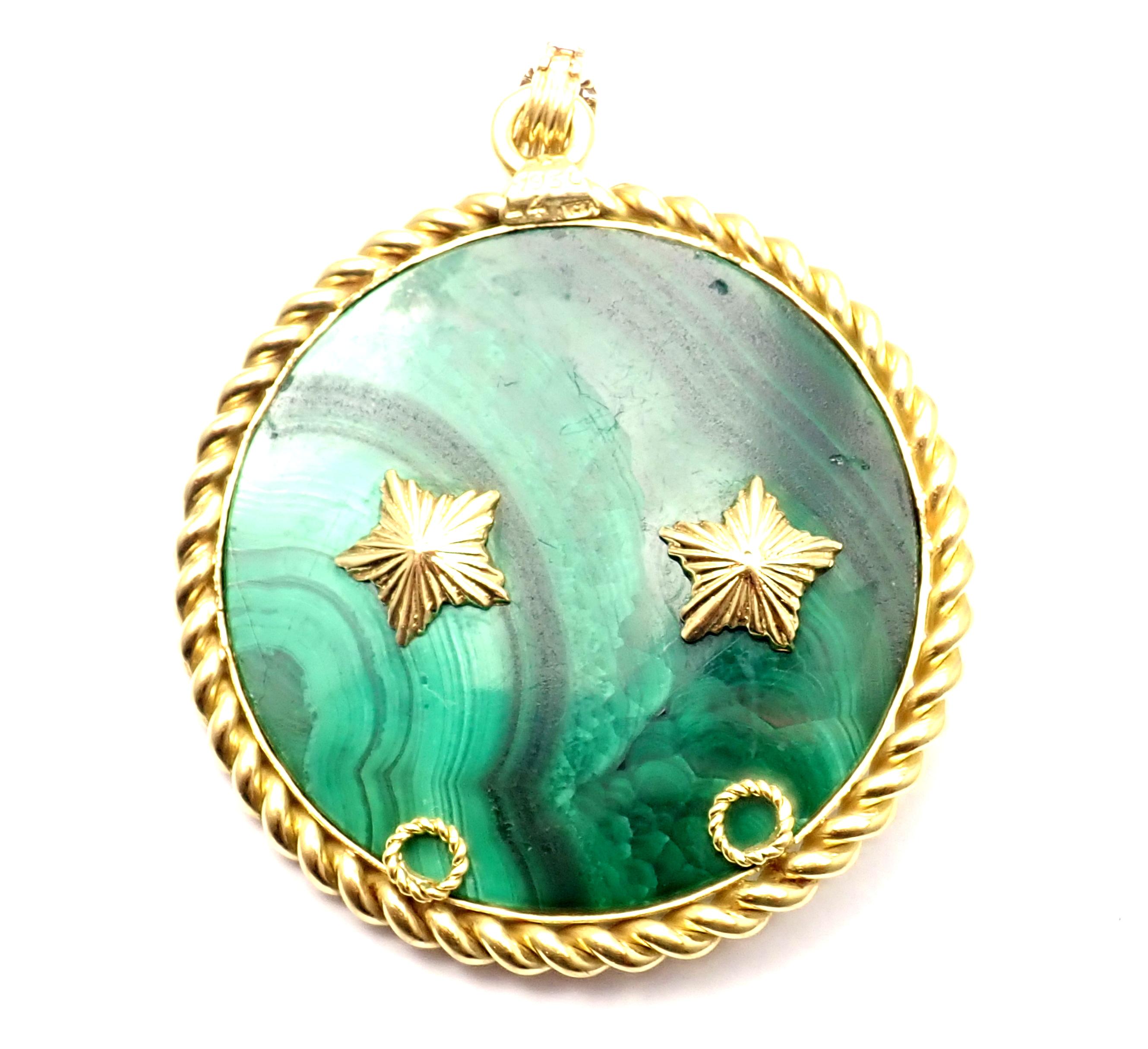 18k Yellow Gold Diamond Malachite Zodiac Large Pendant by Van Cleef & Arpels. 
With 1 round diamond, 2 round emeralds and a large malachite.
Details: 
Weight: 62.6 grams
Measurements: 72mm x 56mm
Stamped Hallmarks: VC&A, 750, 1950, L4, French