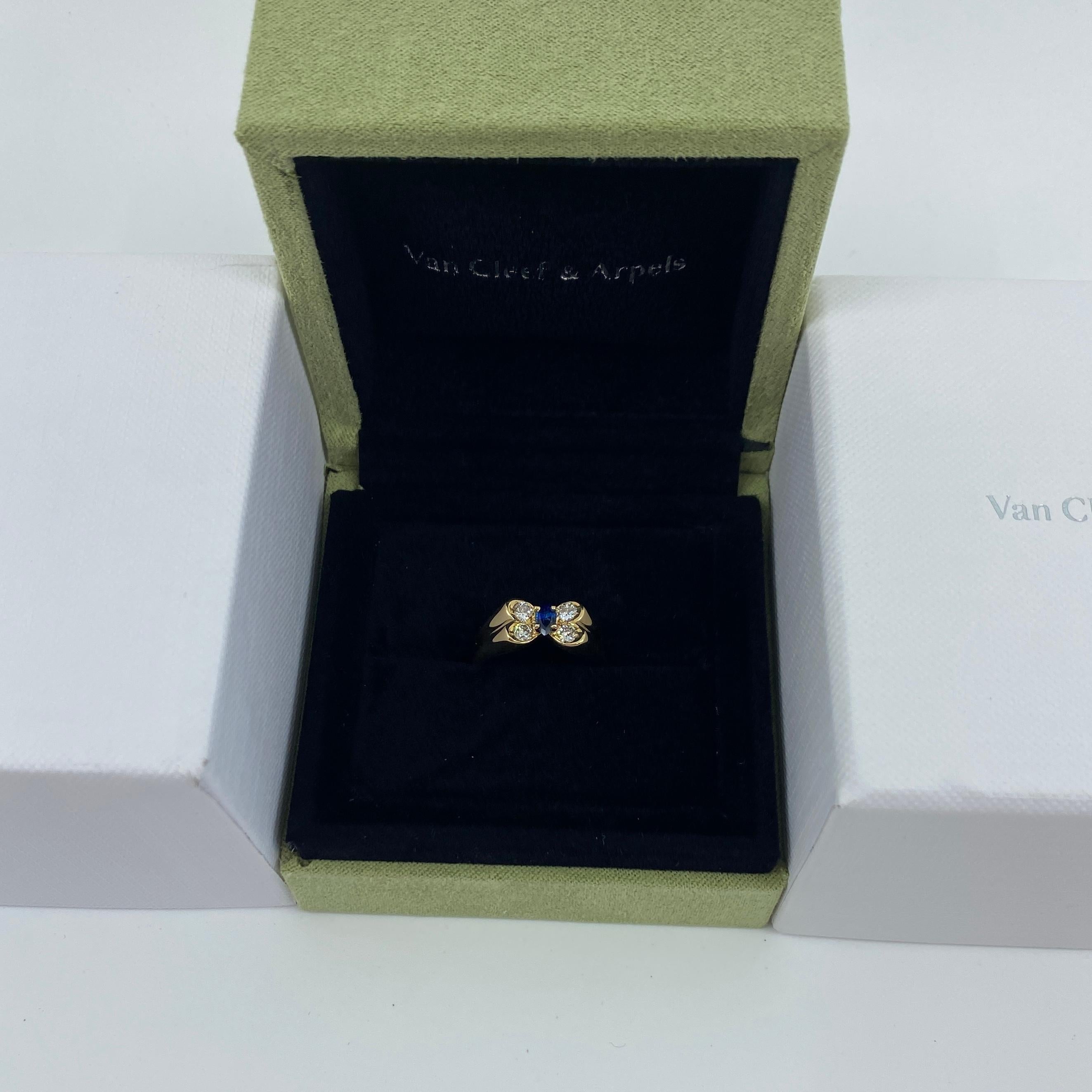 Vintage Van Cleef & Arpels Marquise Fine Blue Sapphire & Diamond Butterfly Ring In Excellent Condition In Birmingham, GB