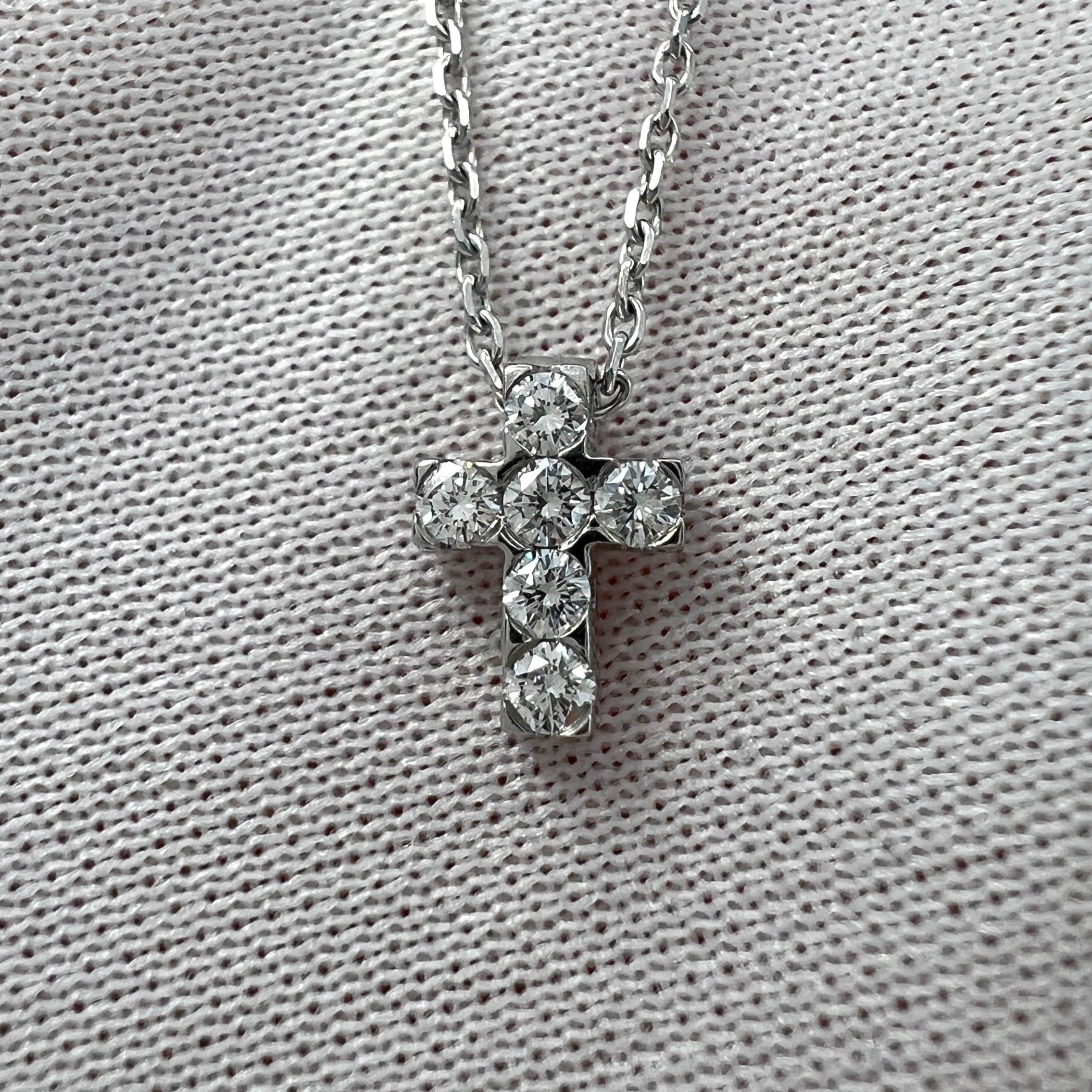 Round Cut Vintage Van Cleef & Arpels Mini Cross Diamond 18k White Gold Pendant Necklace